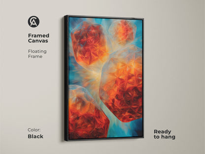 A framed canvas featuring abstract geometric wall art is displayed. This teal blue and orange canvas print has a floating frame. Ideal for office wall decor canvas it adds a modern touch. The black frame enhances the contemporary crystal shapes. Buy as a unique housewarming gift for him to be ready to hang.