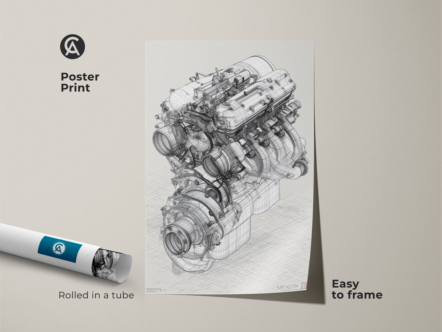 Automotive engine blueprint artwork poster print. This technical drawing is easy to frame. It is a great gift idea for a car enthusiast or engineer. Perfect wall art for an industrial or modern interior. This artwork will add an industrial touch to any garage office or living space.