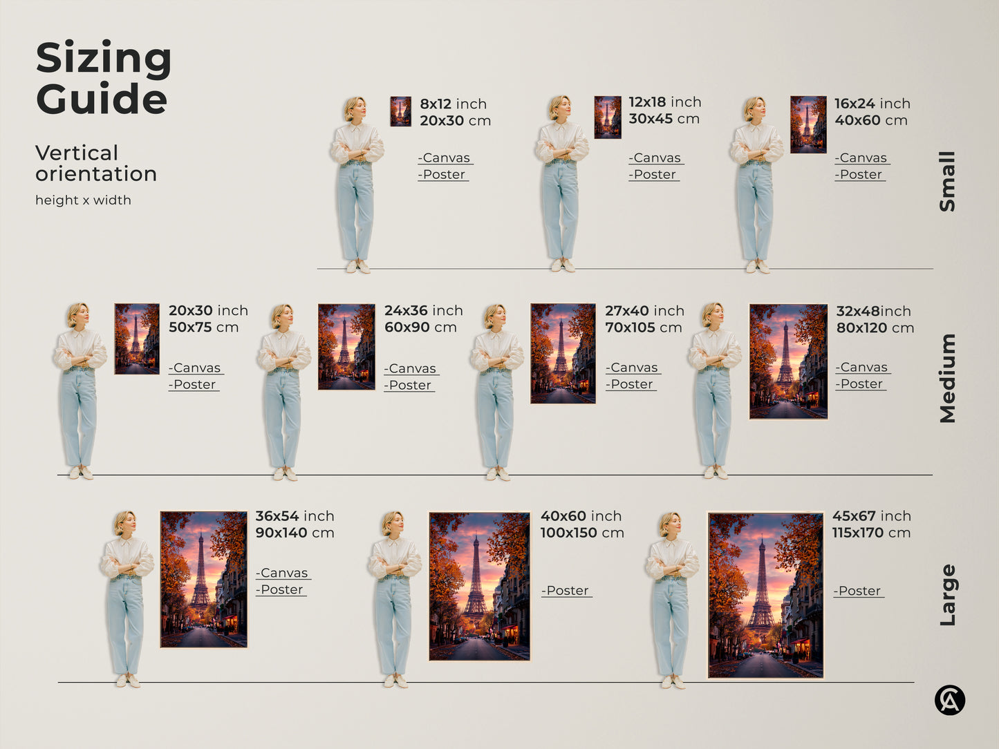 Sizing guide for vertical Eiffel Tower artwork. Available in small medium and large sizes. Options for canvas and poster prints. Find the perfect fit for your space with this Parisian street canvas wall art travel gift.
