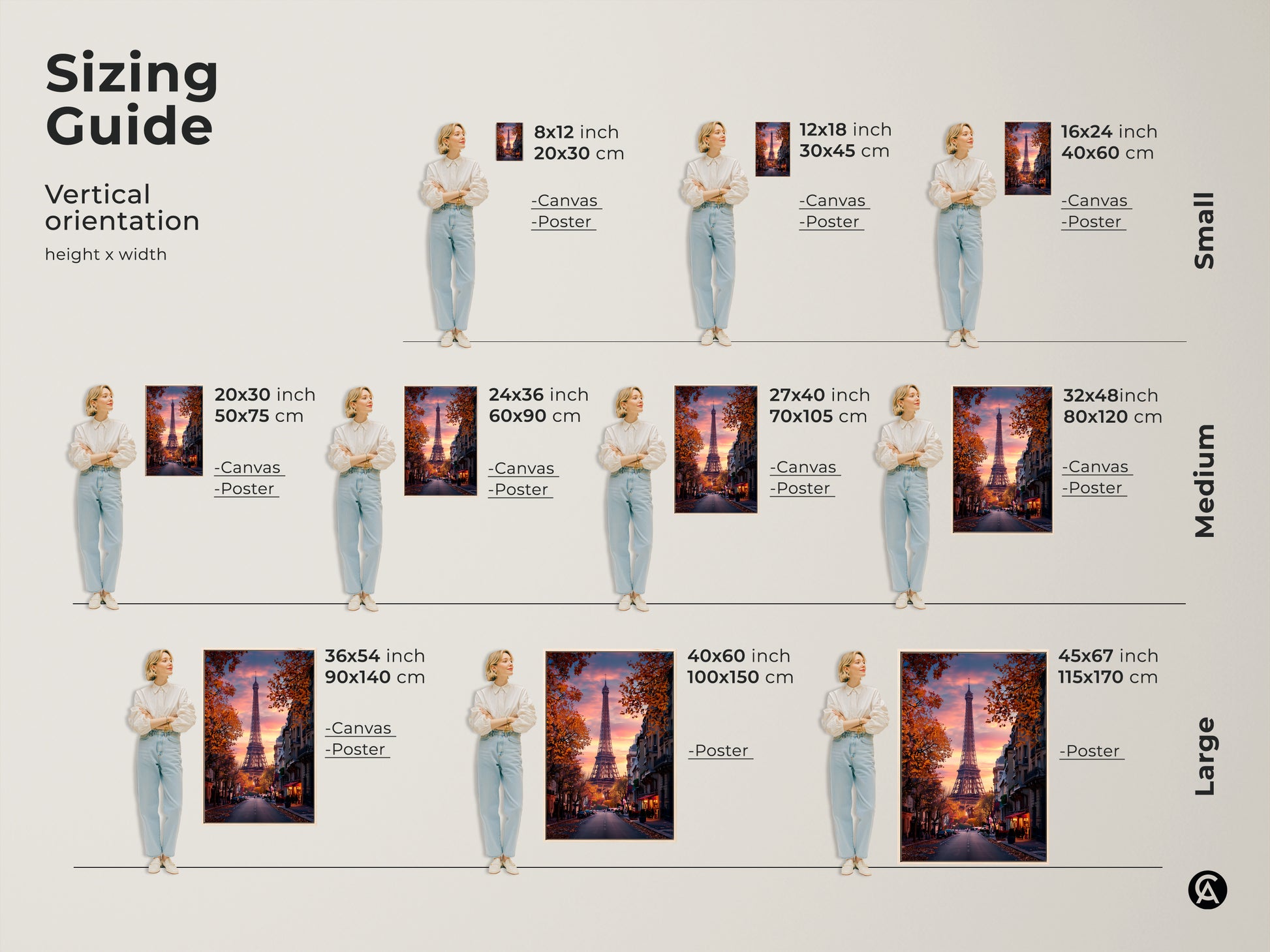 Sizing guide for vertical Eiffel Tower artwork. Available in small medium and large sizes. Options for canvas and poster prints. Find the perfect fit for your space with this Parisian street canvas wall art travel gift.