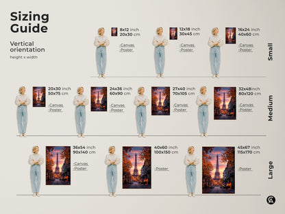 Sizing guide for vertical Eiffel Tower artwork. Available in small medium and large sizes. Options for canvas and poster prints. Find the perfect fit for your space with this Parisian street canvas wall art travel gift.