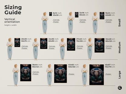 Sizing guide featuring the Elephant Doctor Wall Art. Various sizes are available in both canvas and poster prints. Vertical orientation with height and width clearly shown. Find the perfect fit for any space office or clinic.
