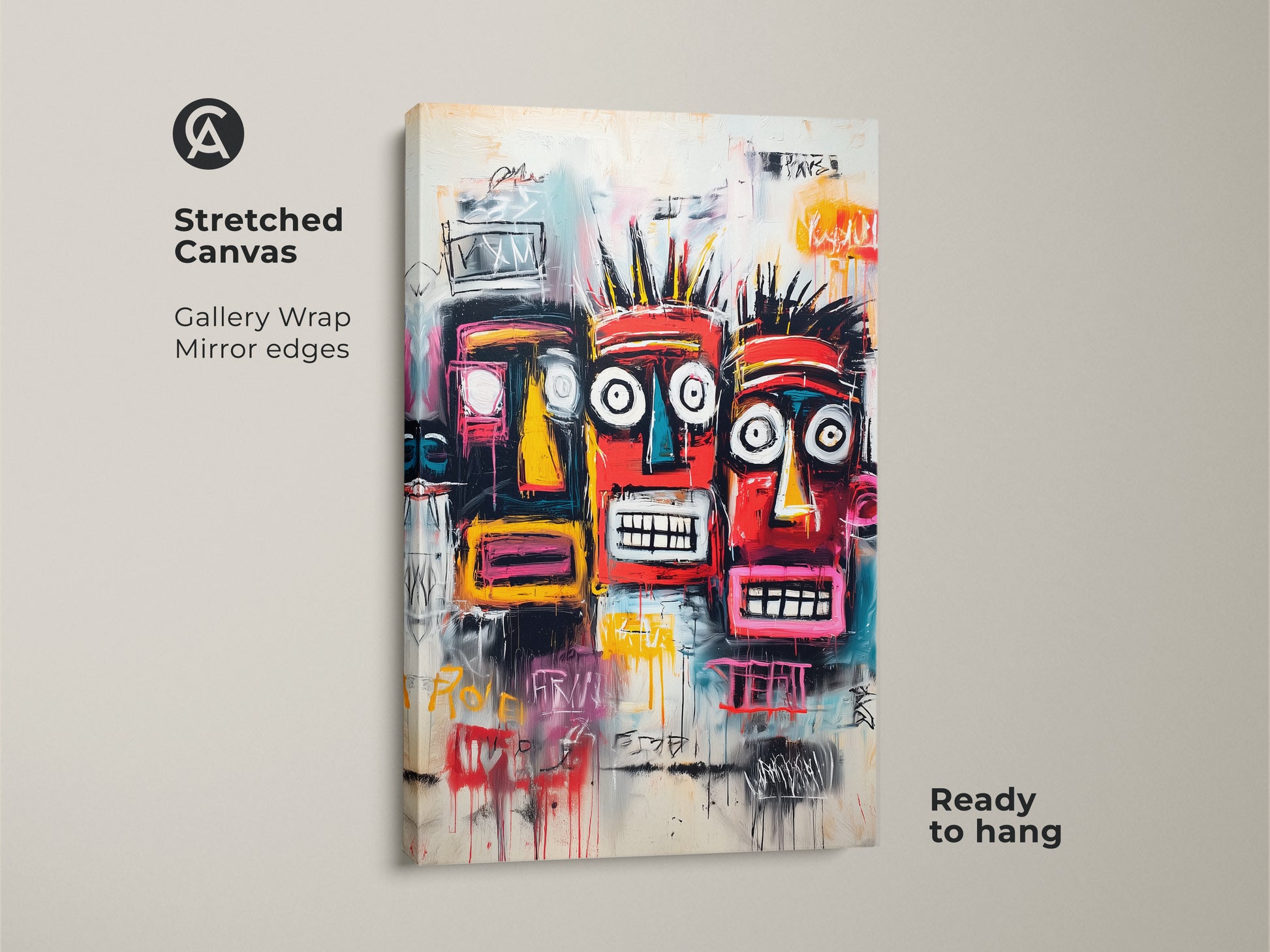 Stretched canvas artwork featuring three stylized tribal faces. Graffiti-style painting with bright colors. Ready to hang with gallery wrap and mirror edges. A bold statement for your wall decor.