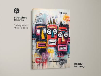 Stretched canvas artwork featuring three stylized tribal faces. Graffiti-style painting with bright colors. Ready to hang with gallery wrap and mirror edges. A bold statement for your wall decor.