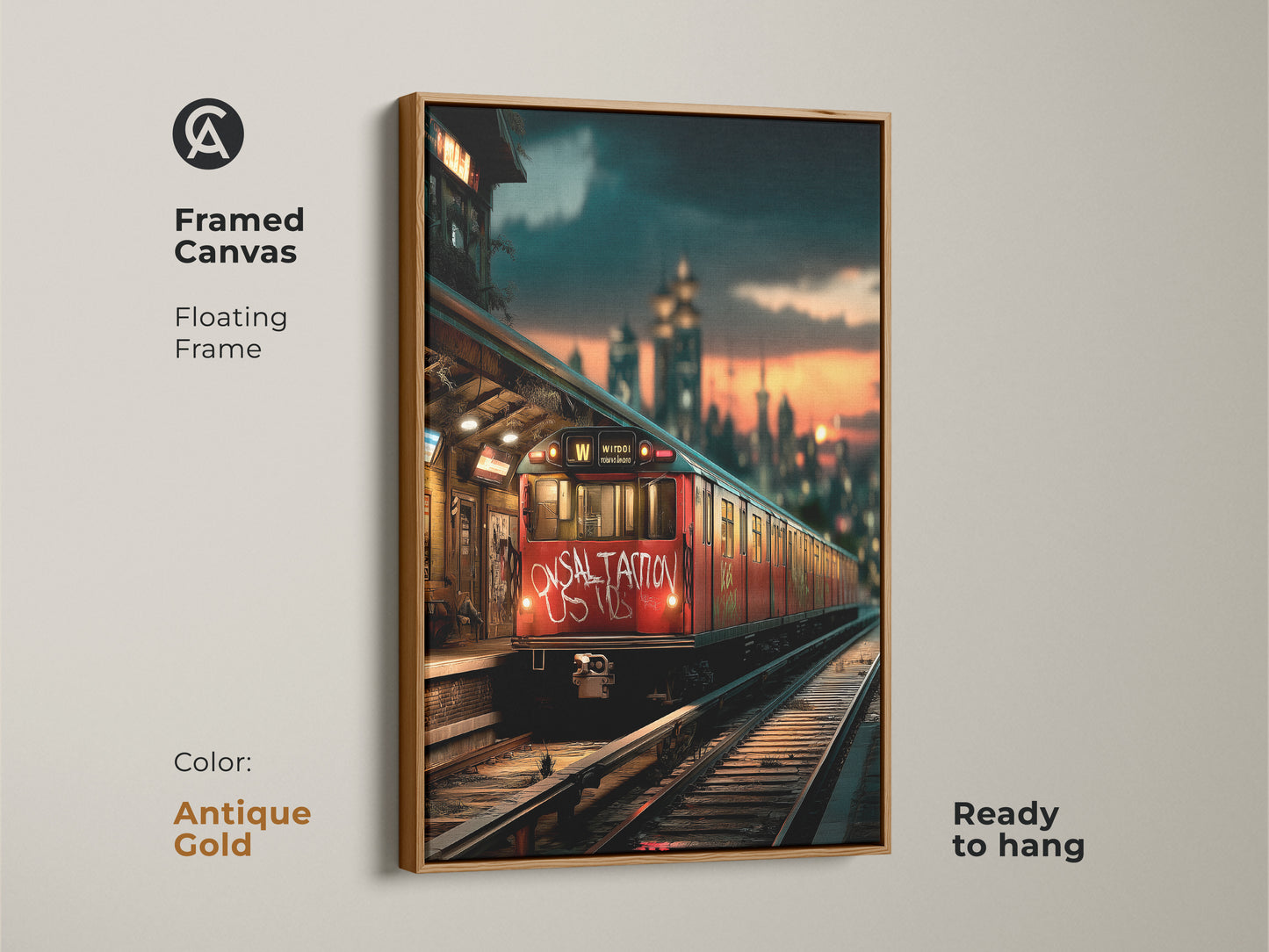 Cityscape graffiti artwork framed in an antique gold floating frame. This urban subway train canvas embodies industrial transportation wall art. Ready to hang and makes a unique statement. Ideal for office wall decor or apartment entryway art.