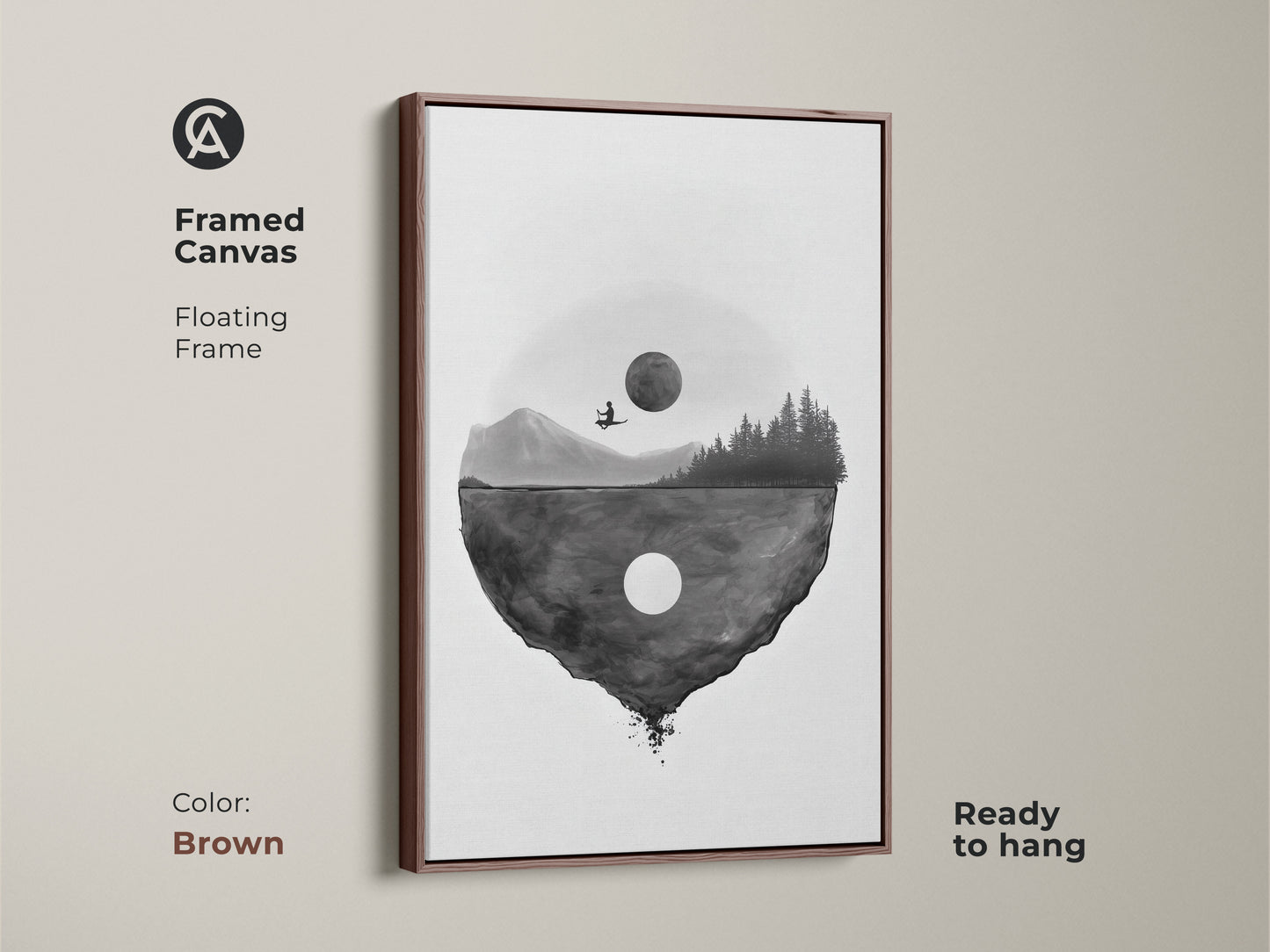 Framed canvas showcasing minimalist floating island art with a brown floating frame. This surreal moon landscape print is ready to hang. The black and white abstract artwork adds a touch of modern style to any home interior it's a great housewarming gift.