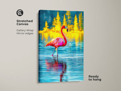 Stretched canvas art showcasing a tropical pink flamingo. This gallery-wrapped artwork features mirrored edges and is ready to hang. The pink flamingo stands in blue water. Yellow pine trees provide a colorful backdrop. Ideal eclectic home decor.