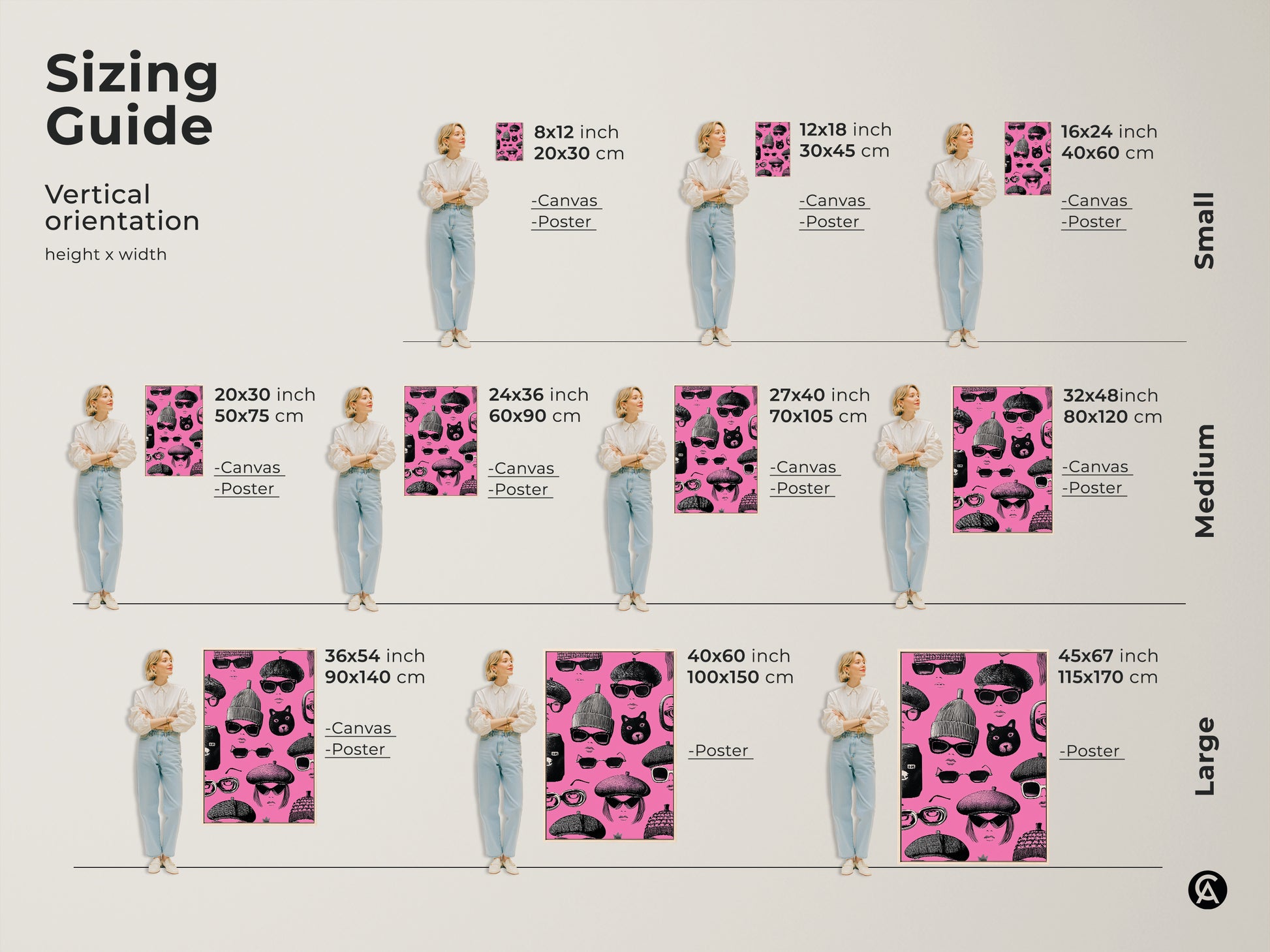 Sizing guide for vertical retro pop art. The pink and black faces art is shown in various sizes for canvas and poster prints. Find the perfect size for your space. This eclectic fashion wall art makes a great gift for her.