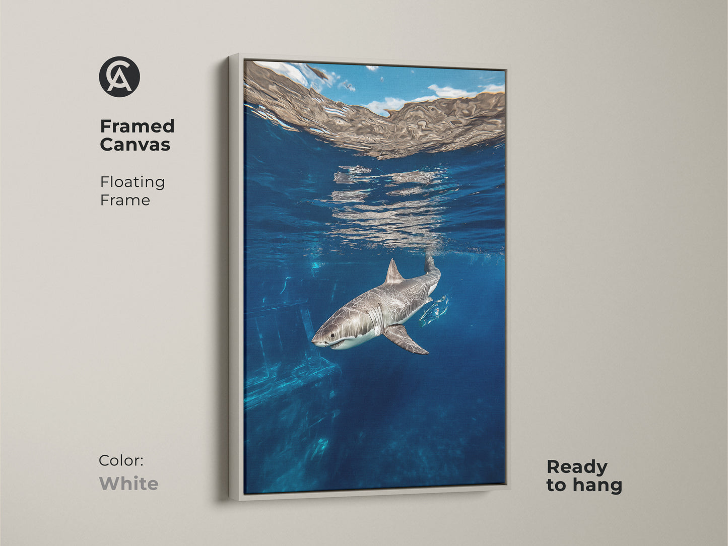 This framed canvas with a floating frame presents underwater art of a Great White Shark in its deep blue natural habitat. The marine life artwork is ready to hang. The white frame enhances the blue ocean animal artwork a great gift for shark lovers.