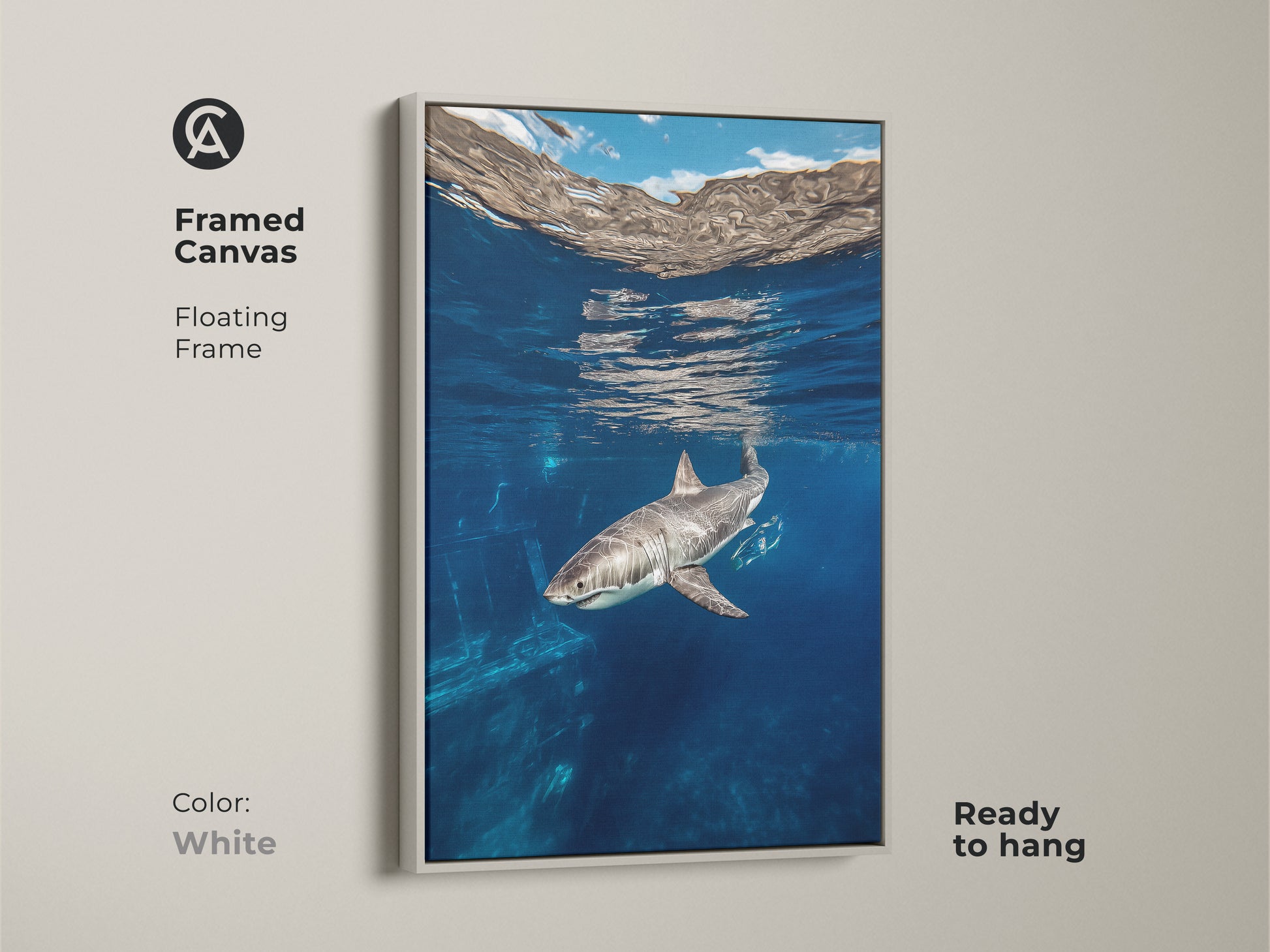 This framed canvas with a floating frame presents underwater art of a Great White Shark in its deep blue natural habitat. The marine life artwork is ready to hang. The white frame enhances the blue ocean animal artwork a great gift for shark lovers.