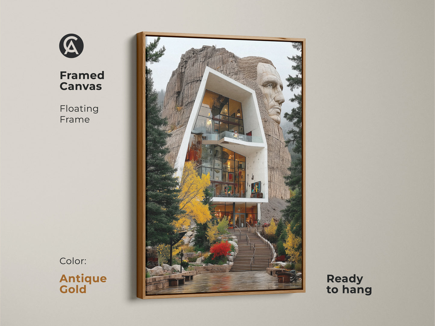 A framed canvas in antique gold presents a unique architectural design art. This travel destination art features a modern house integrated with a monumental sculpture. Antique gold floating frame completes the artistic building facade. This makes a great housewarming present.