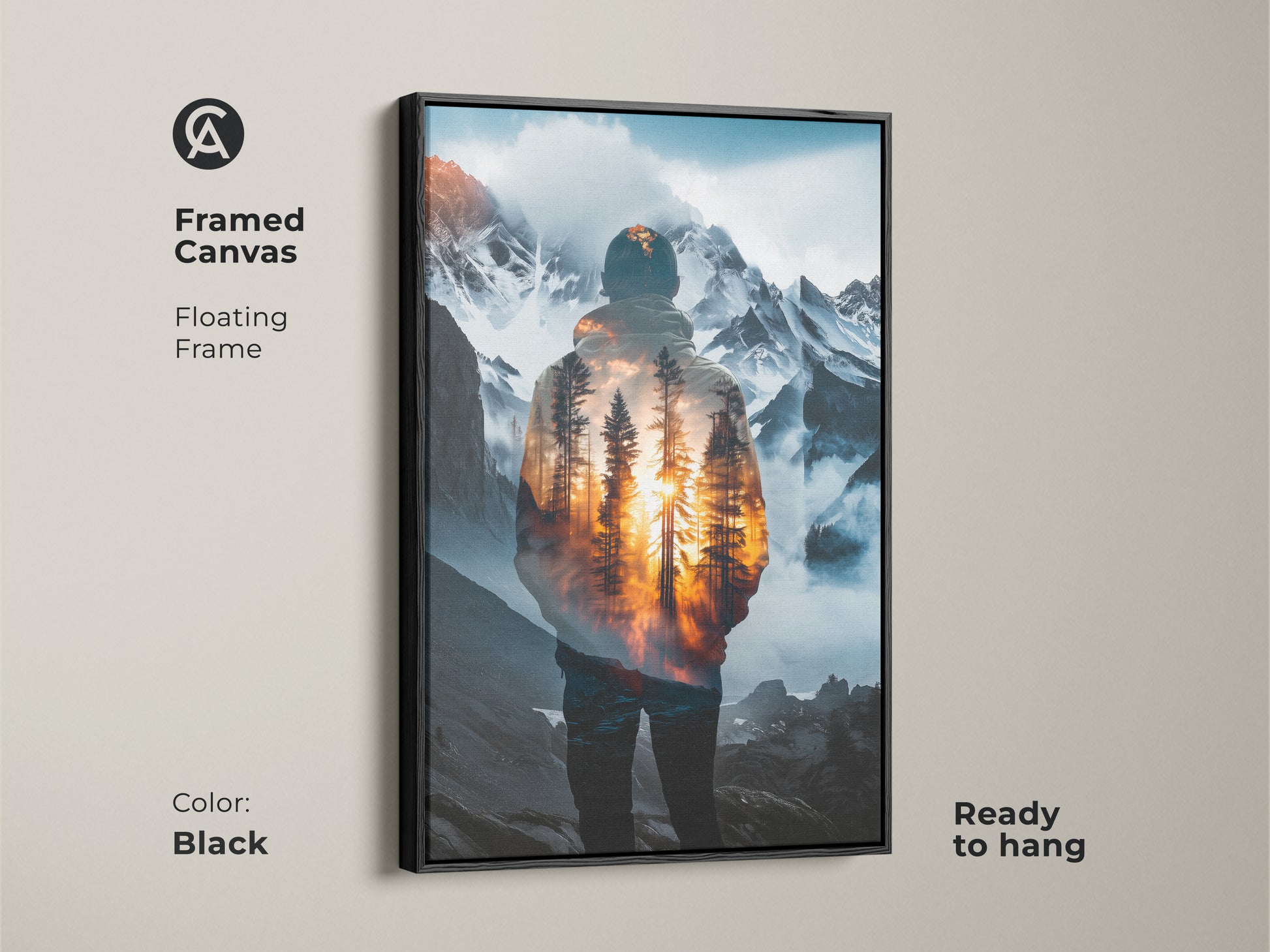Framed canvas of a double exposure man artwork. The floating frame enhances the mountain forest canvas print. This modern nature wall art is ready to hang with a black frame. A scenic landscape canvas perfect as travel inspired art.