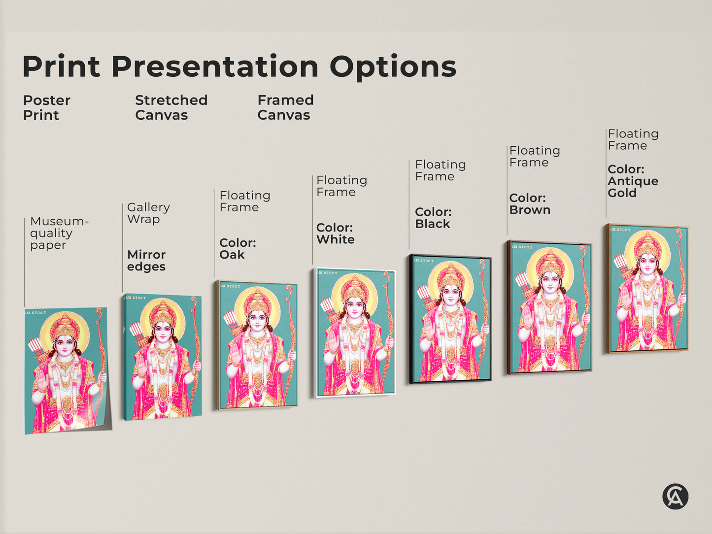 Print presentation options for Lord Rama wall art. Choose from poster prints stretched canvas or framed canvas. Find the perfect finish for your teal gold pink deity artwork.