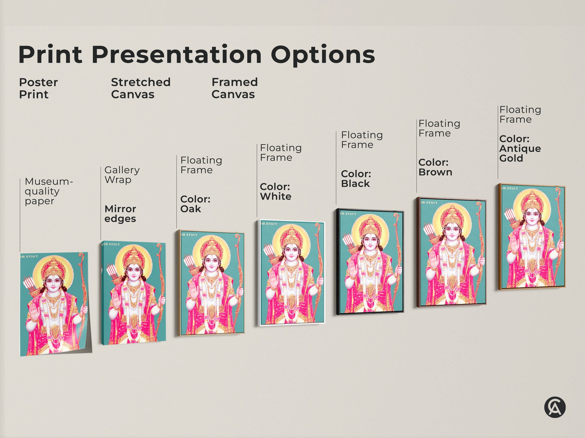 Print presentation options for Lord Rama wall art. Choose from poster prints stretched canvas or framed canvas. Find the perfect finish for your teal gold pink deity artwork.