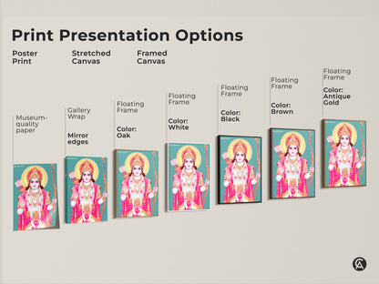 Print presentation options for Lord Rama wall art. Choose from poster prints stretched canvas or framed canvas. Find the perfect finish for your teal gold pink deity artwork.