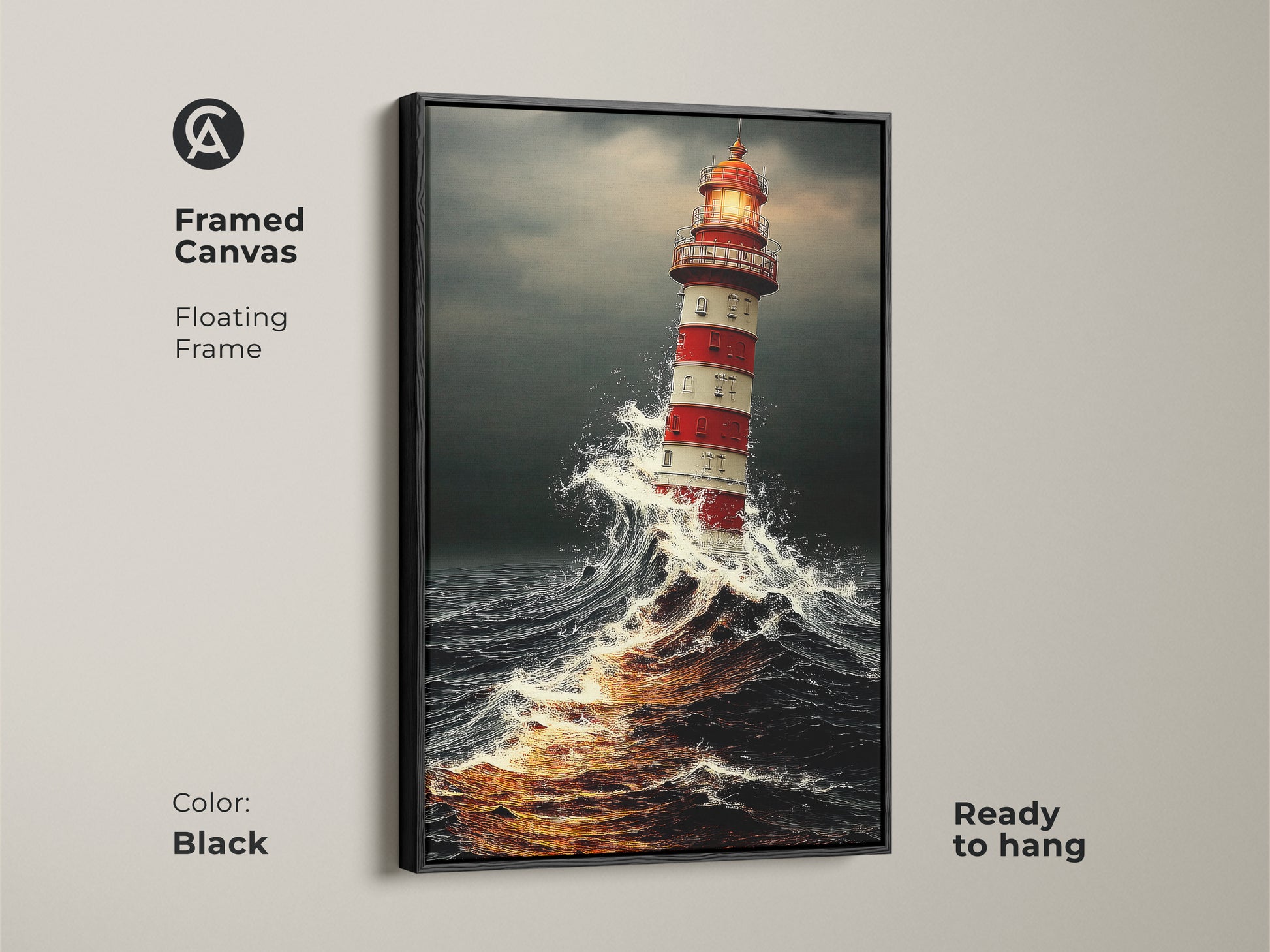 Black framed canvas of Nautical Lighthouse Wall Art. Floating Frame accents this ocean waves seascape print. This maritime lighthouse decor would be ready to hang in any home.