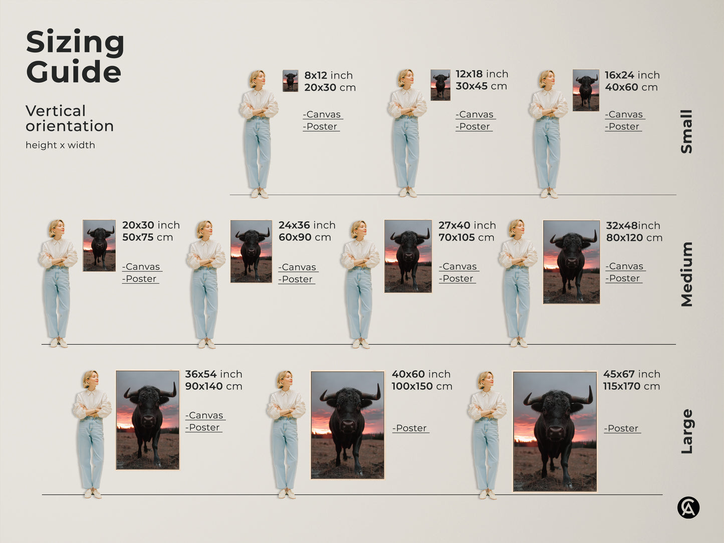 Sizing guide for vertical black bull art prints. Canvas and poster options are available. Small medium and large sizes are displayed with a person for scale. Perfect animal photography art.