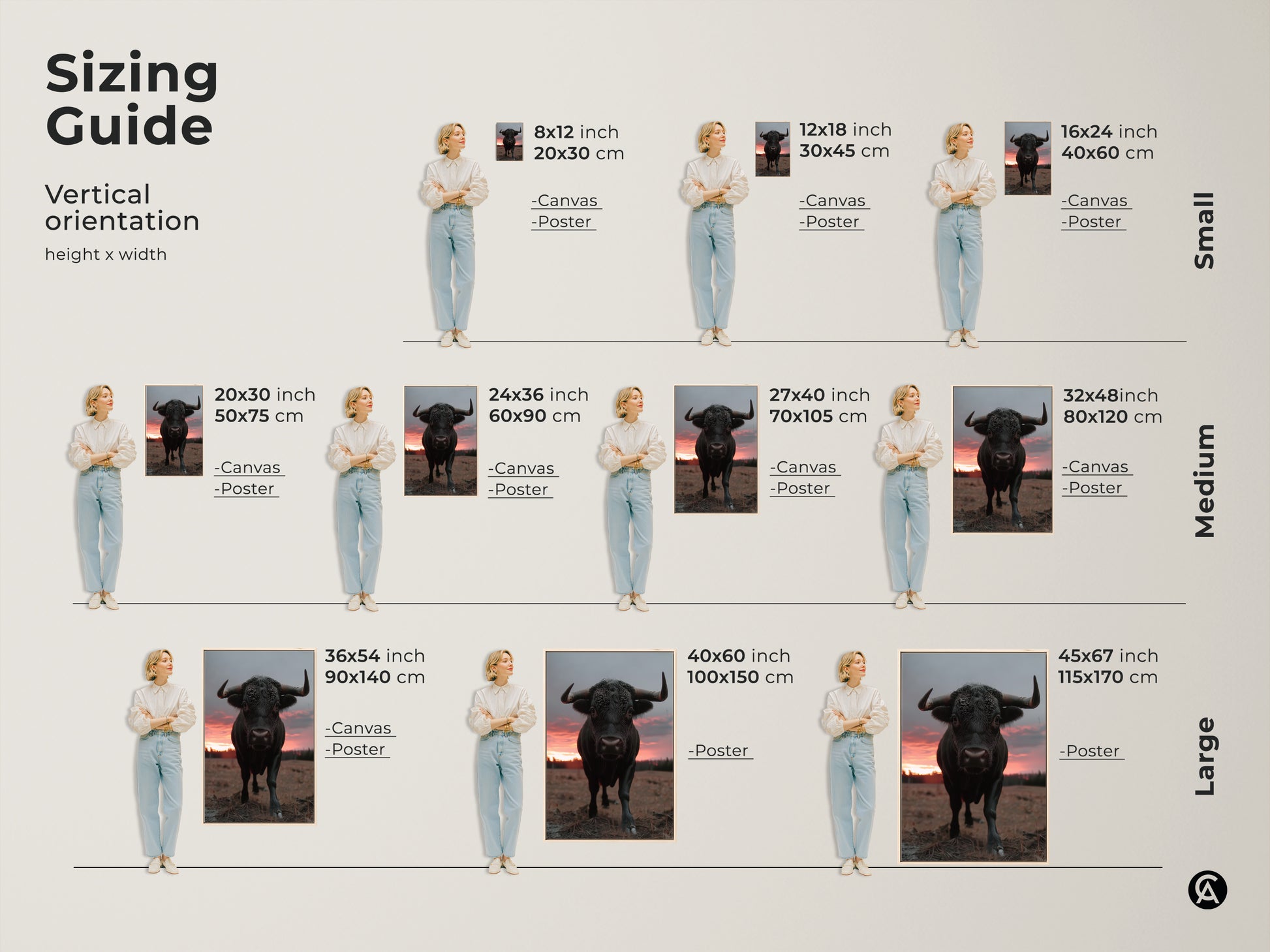 Sizing guide for vertical black bull art prints. Canvas and poster options are available. Small medium and large sizes are displayed with a person for scale. Perfect animal photography art.