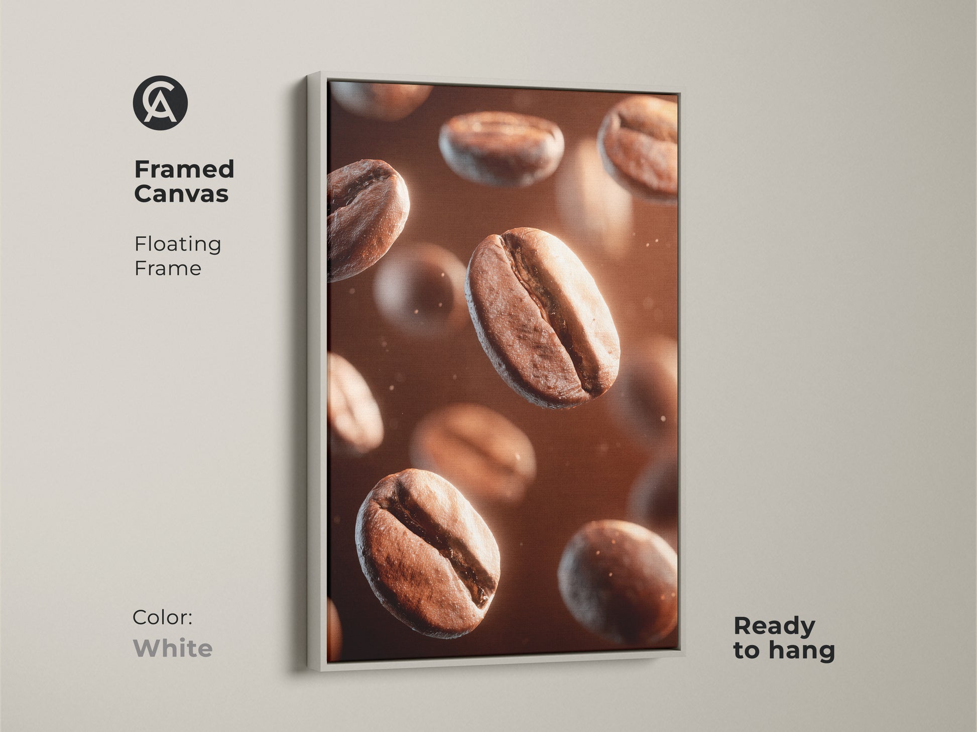 Framed canvas with a floating frame in white. This coffee bean art print is clean and modern. Ready to hang and enjoy. The white frame offers a minimalist aesthetic.