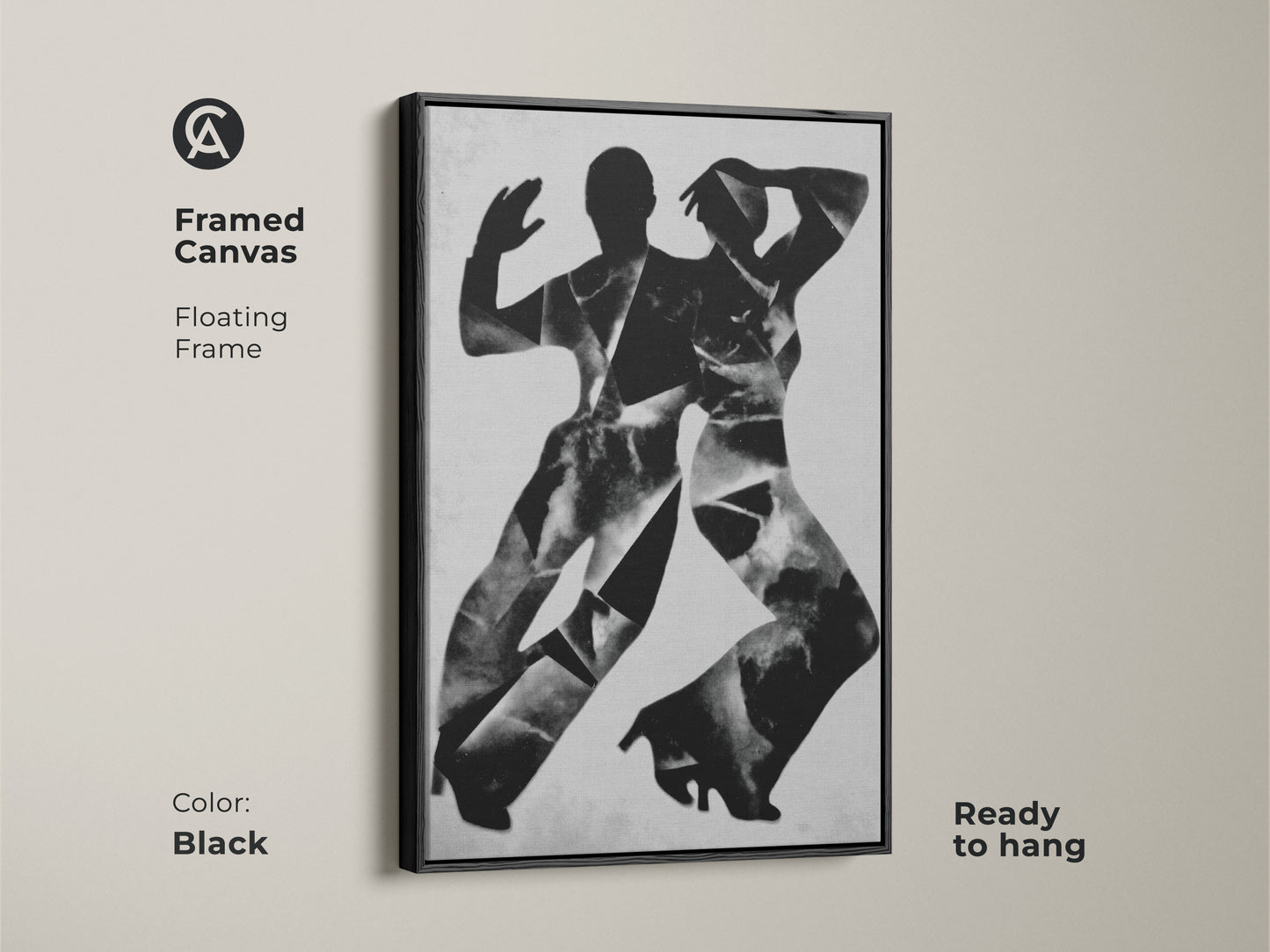 Framed canvas featuring monochrome dancers wall art. The white floating frame complements the abstract expressionism art. This black and white figure art is ready to hang. Perfect modern home decor canvas.