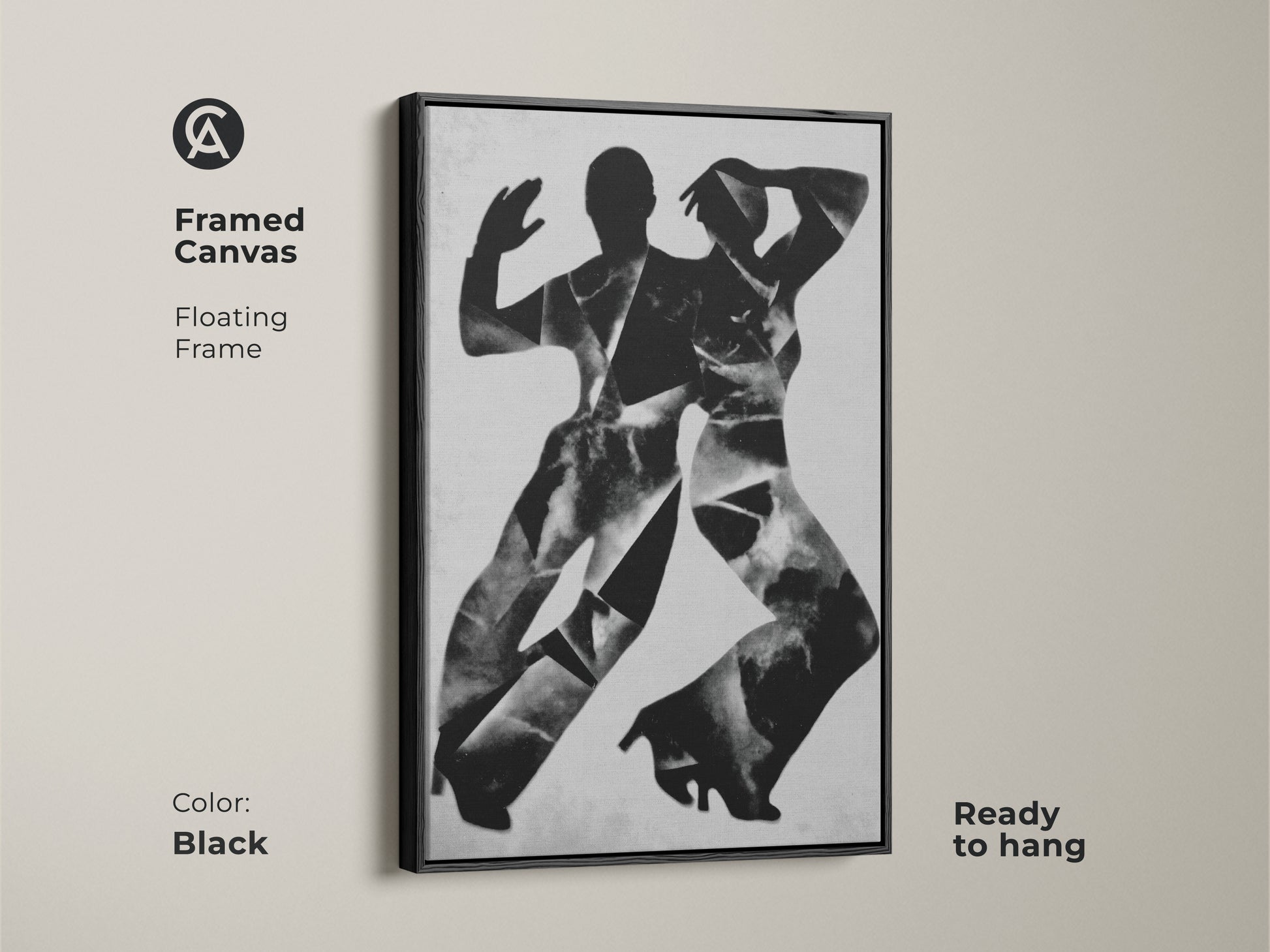 Framed canvas featuring monochrome dancers wall art. The white floating frame complements the abstract expressionism art. This black and white figure art is ready to hang. Perfect modern home decor canvas.