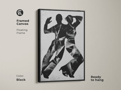 Framed canvas featuring monochrome dancers wall art. The white floating frame complements the abstract expressionism art. This black and white figure art is ready to hang. Perfect modern home decor canvas.
