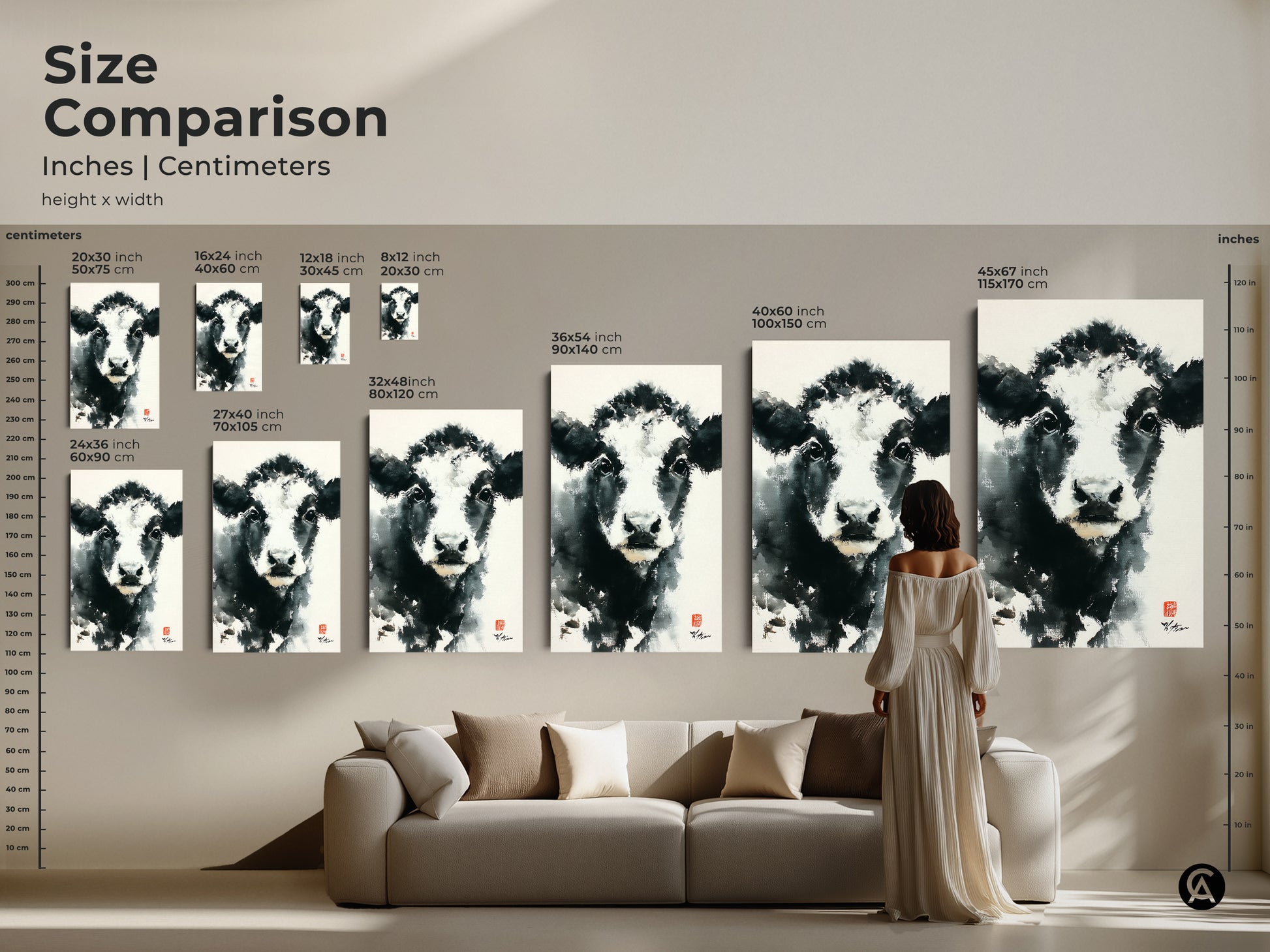 Size comparison of cow art prints. Options range from small to large. Visualize how artwork fits in your space. Choose from canvas or poster prints. Transform your home with stunning animal art.