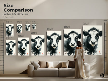 Size comparison of cow art prints. Options range from small to large. Visualize how artwork fits in your space. Choose from canvas or poster prints. Transform your home with stunning animal art.