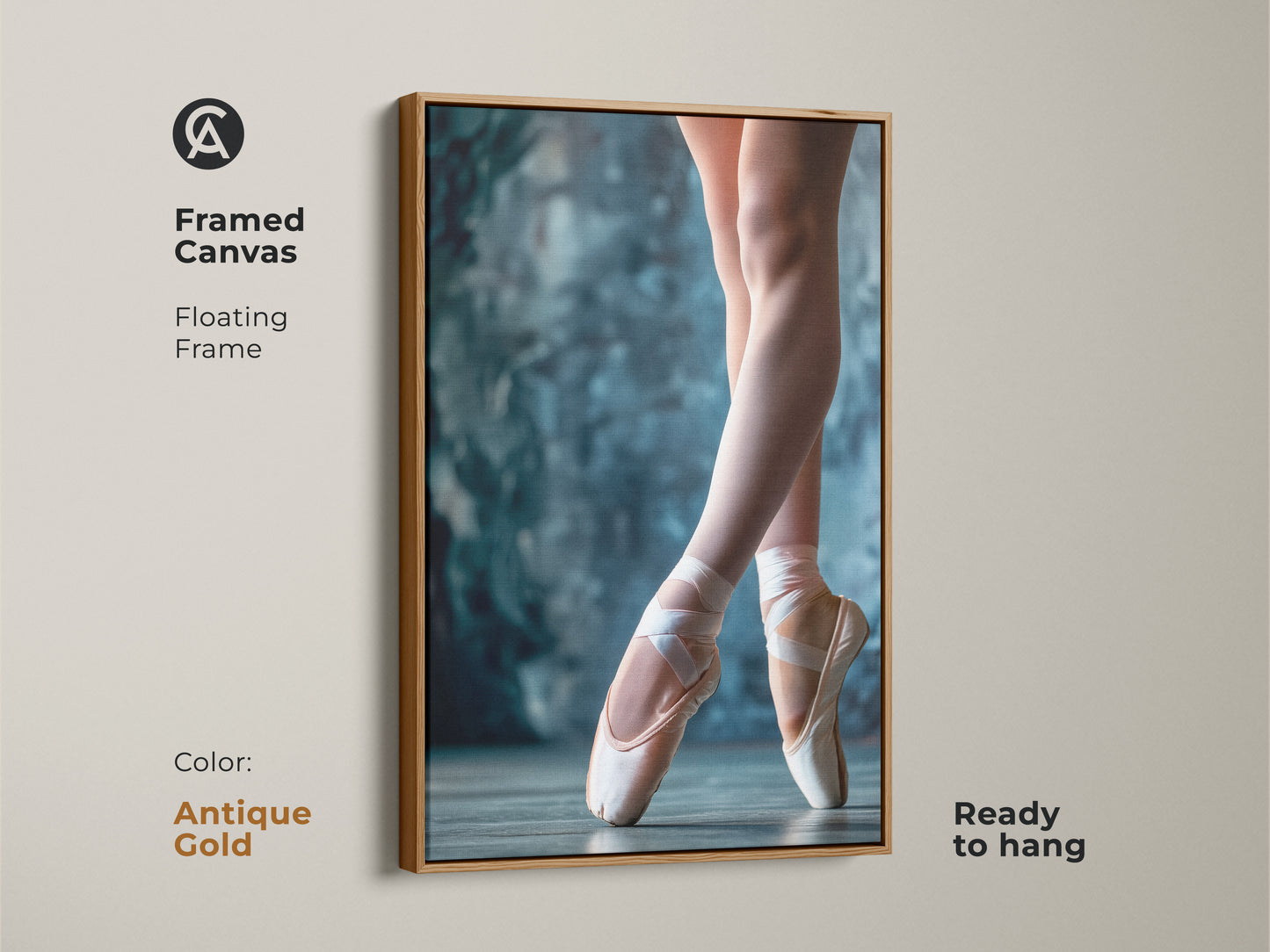 Framed canvas artwork of ballet shoes with an antique gold floating frame. This vertical art piece is ready to hang. The close-up of a ballerina's feet in pointe shoes creates a striking visual.