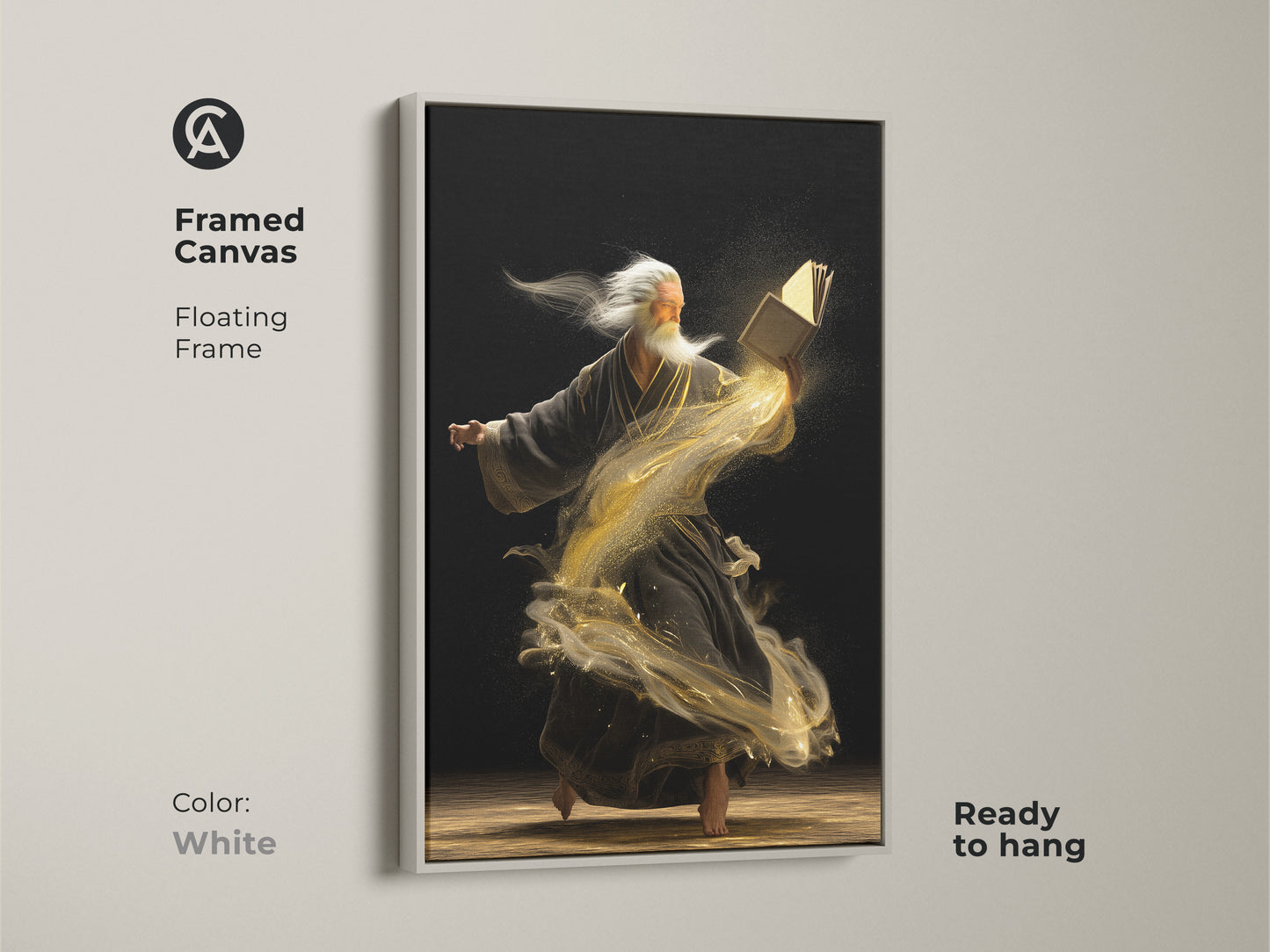 White framed canvas print featuring an old man sage with a magic book. This fantasy artwork is ready to hang. The surreal piece has swirling gold dust and wisdom mythology elements.