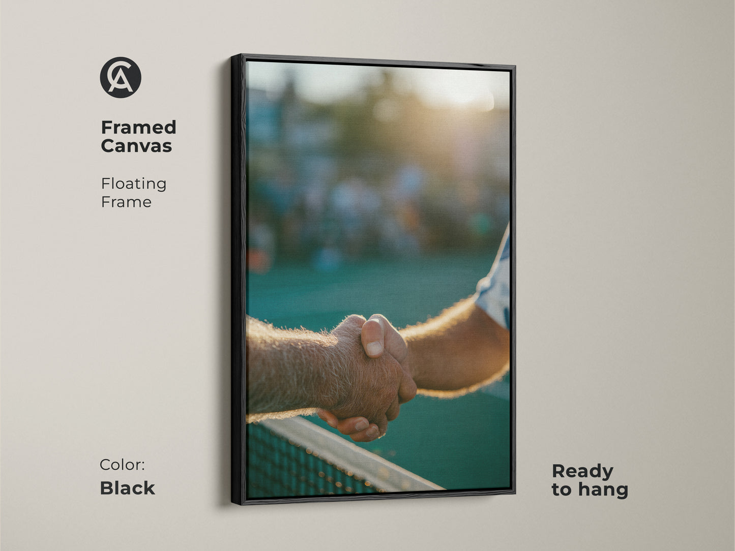 Black framed canvas art of a handshake during a tennis match. The floating frame adds a touch of elegance. This ready-to-hang piece is perfect for sports art collectors. A great conversation starter.