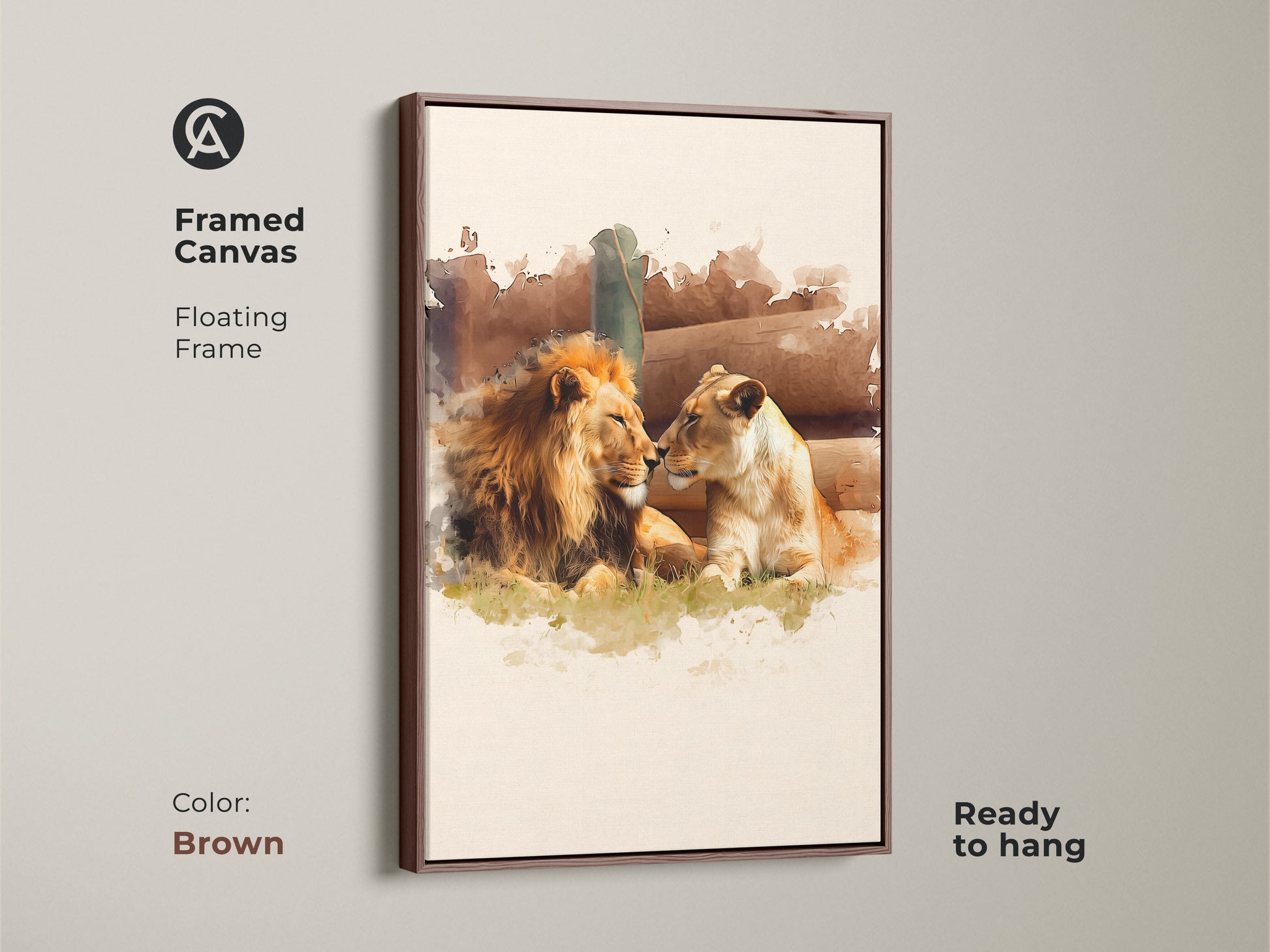 Framed watercolor art of a lion and lioness in a warm brown floating frame. This artistic animal couple wall decor is a cozy addition to any living room. Perfect as a rustic home wall art or an anniversary gift.