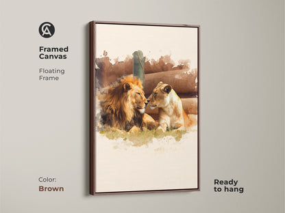 Framed watercolor art of a lion and lioness in a warm brown floating frame. This artistic animal couple wall decor is a cozy addition to any living room. Perfect as a rustic home wall art or an anniversary gift.
