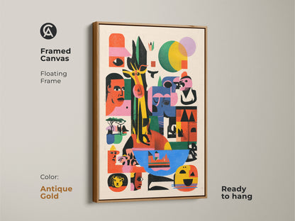 Admire this framed canvas of abstract art with an antique gold floating frame. This modern folk art print showcases colorful geometric wall decor. It's perfect as a housewarming gift for a friend. This vibrant wildlife artwork is ready to hang.