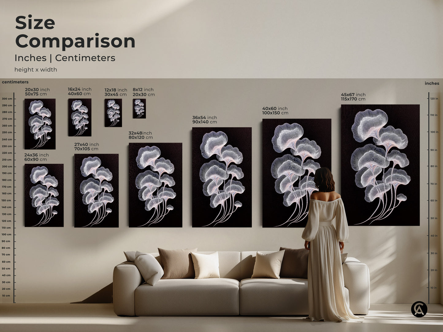 Size comparison of abstract botanical art in a living room setting. See how the ginkgo leaf artwork looks above a sofa. Multiple sizes available to suit your decor. Shop minimalist art prints in various dimensions. Elevate your space today.