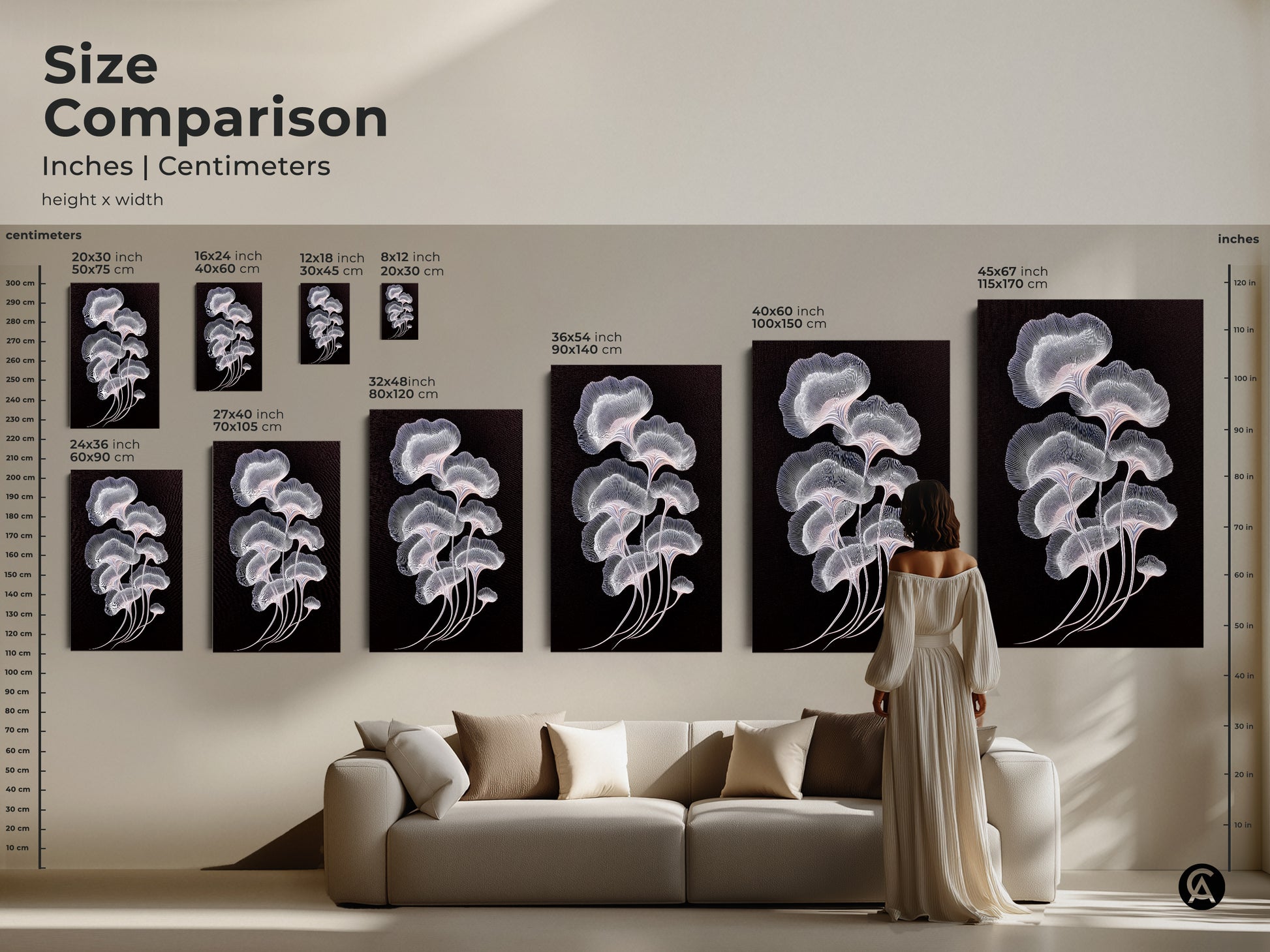 Size comparison of abstract botanical art in a living room setting. See how the ginkgo leaf artwork looks above a sofa. Multiple sizes available to suit your decor. Shop minimalist art prints in various dimensions. Elevate your space today.