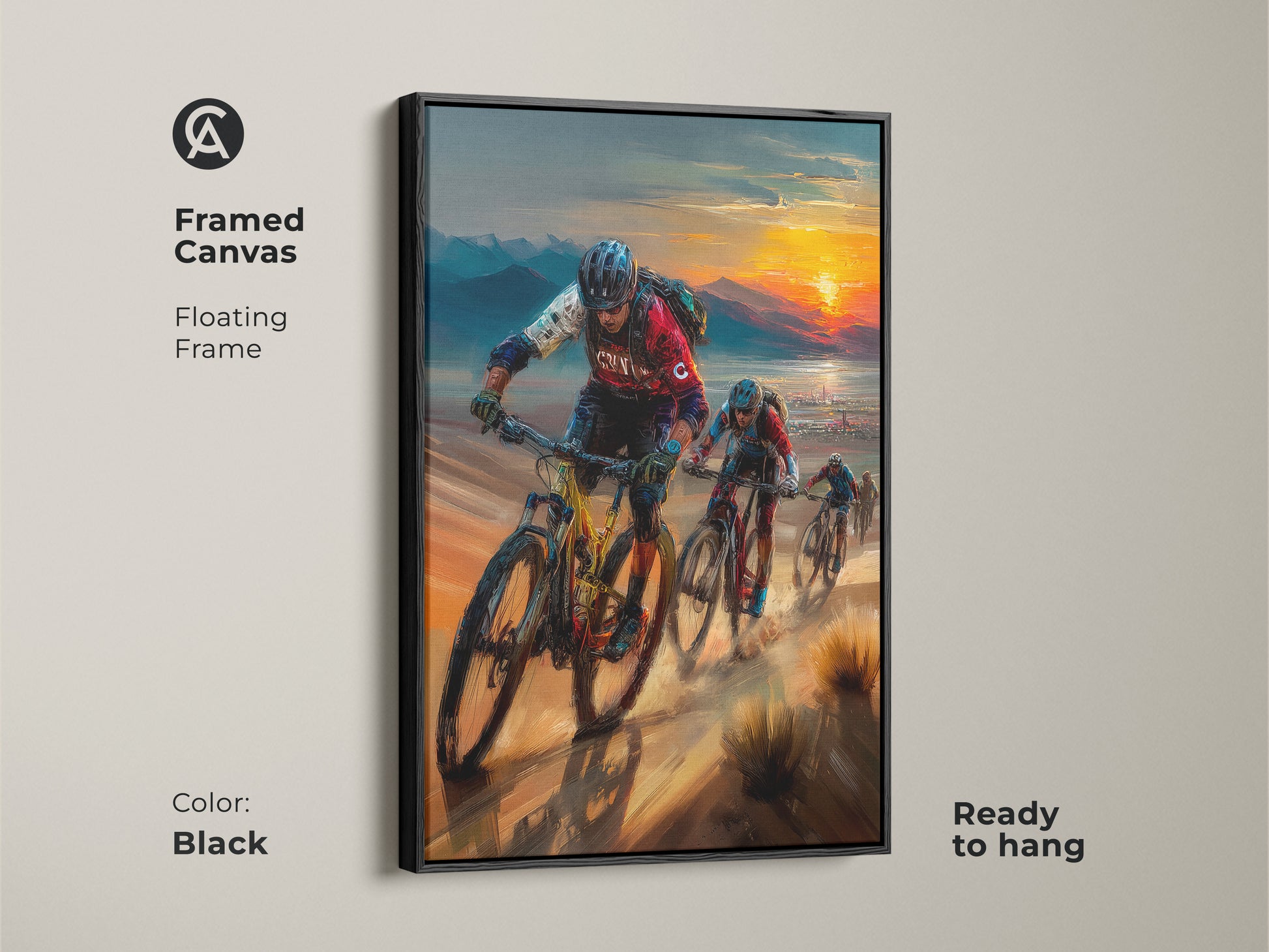 See this framed canvas. It shows a mountain biking scene at sunset with a floating black frame. Ready to hang this cyclist action print enhances any room. The deep blue and orange hues bring energy and contemporary style. A perfect gift for cyclists looking to display their passion in their living space.