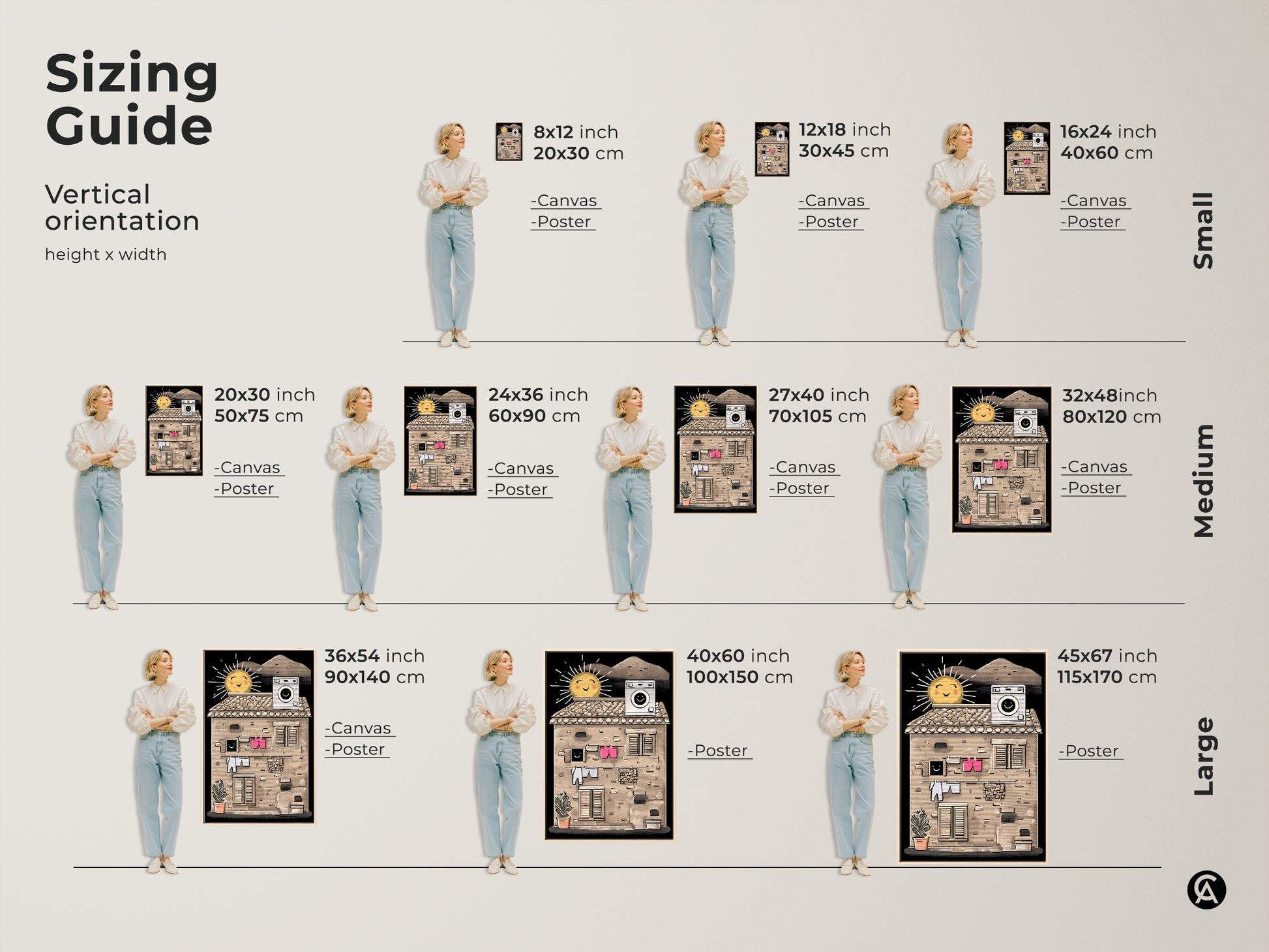 Sizing guide for the Halftone Sun & Laundry artwork. Visualize how each vertical orientation size fits your space. Select from canvas or poster options to enhance your bedroom wall decor with this retro beige yellow art.