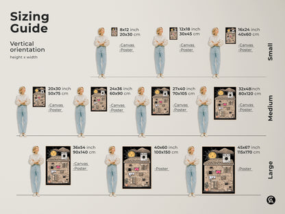 Sizing guide for the Halftone Sun & Laundry artwork. Visualize how each vertical orientation size fits your space. Select from canvas or poster options to enhance your bedroom wall decor with this retro beige yellow art.