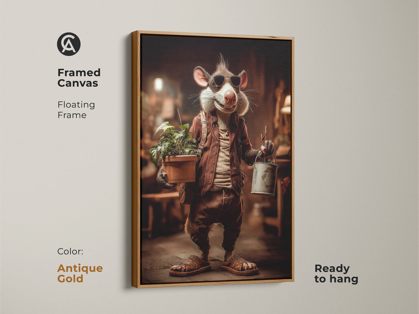 Framed canvas art print showing a dressed rat holding a plant. This floating frame in antique gold enhances the eclectic artwork. Ready to hang. It brings a unique touch to your interior. Great for adding quirky animal charm.