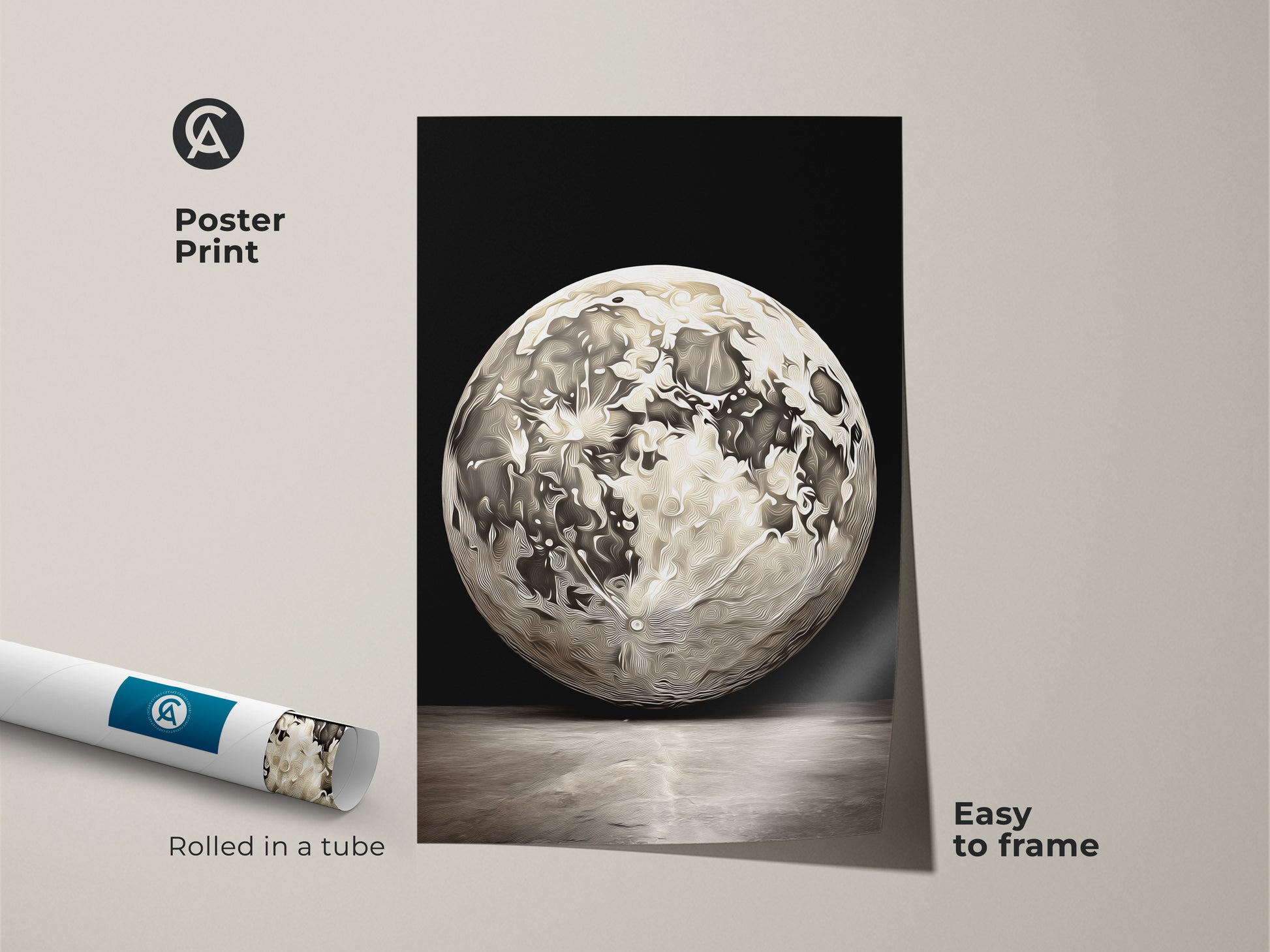 Abstract moon artwork poster print rolled in a tube. The celestial line art print is easy to frame. A grey space artwork perfect for modern bedroom art or as a stargazing gift idea.