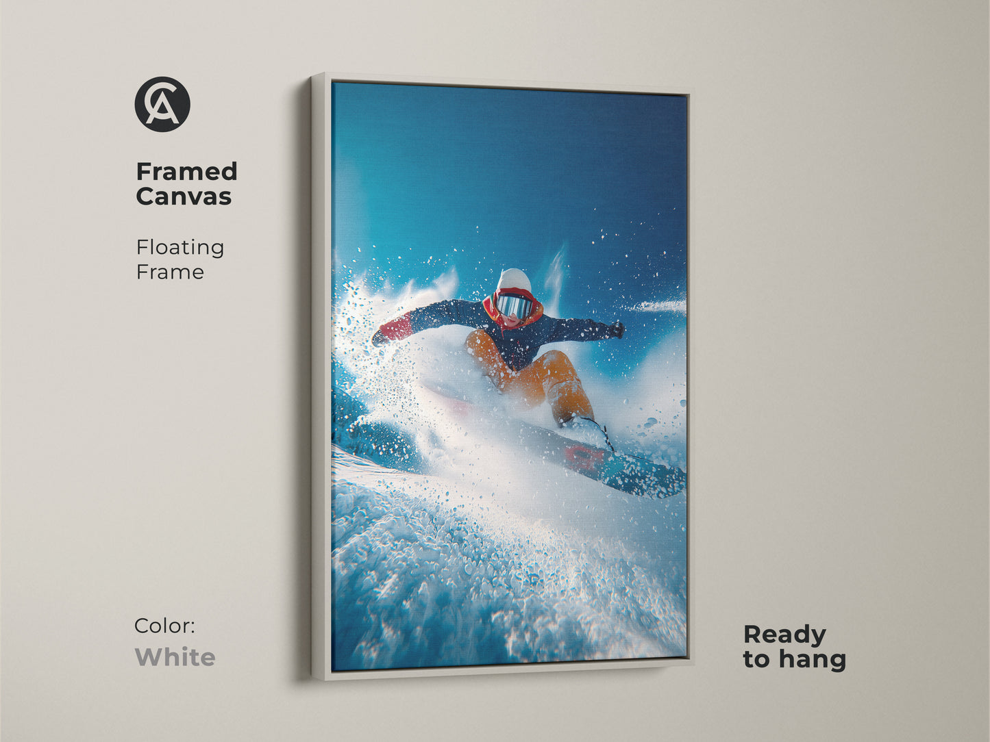 A framed canvas features a snowboarder art print. The floating frame is white and ready to hang. The artwork brings a dynamic feel to your home. Ideal for lovers of winter action art.