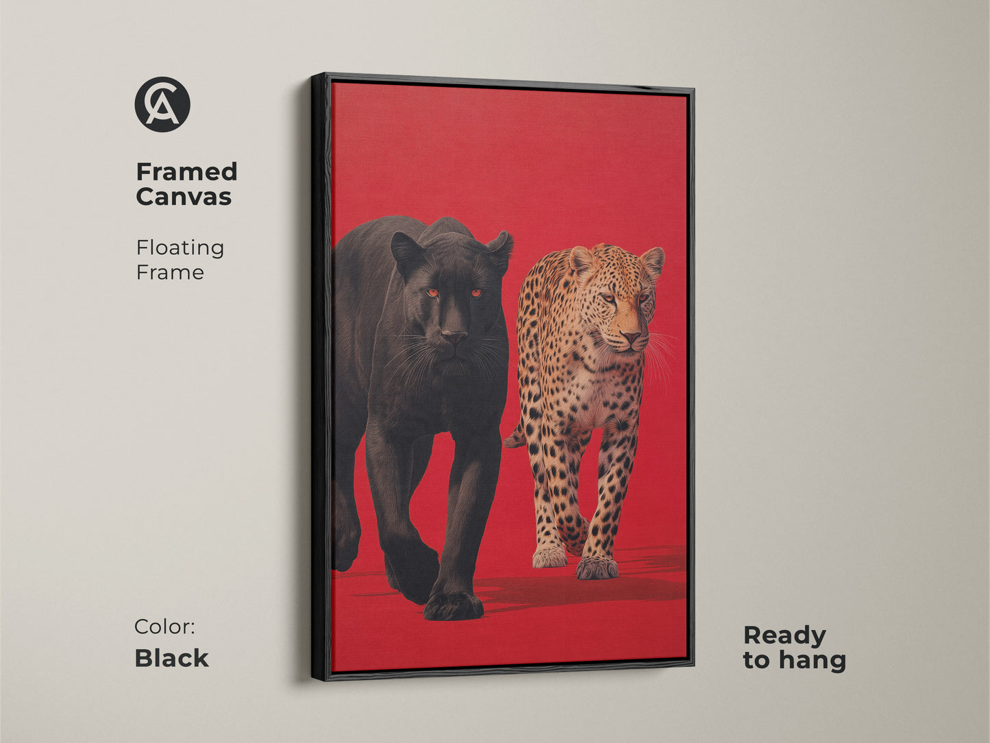 Framed canvas featuring a black panther and leopard with a black floating frame. This ready-to-hang canvas art adds sophistication to any room. Discover our exclusive collection of animal artwork for sale online