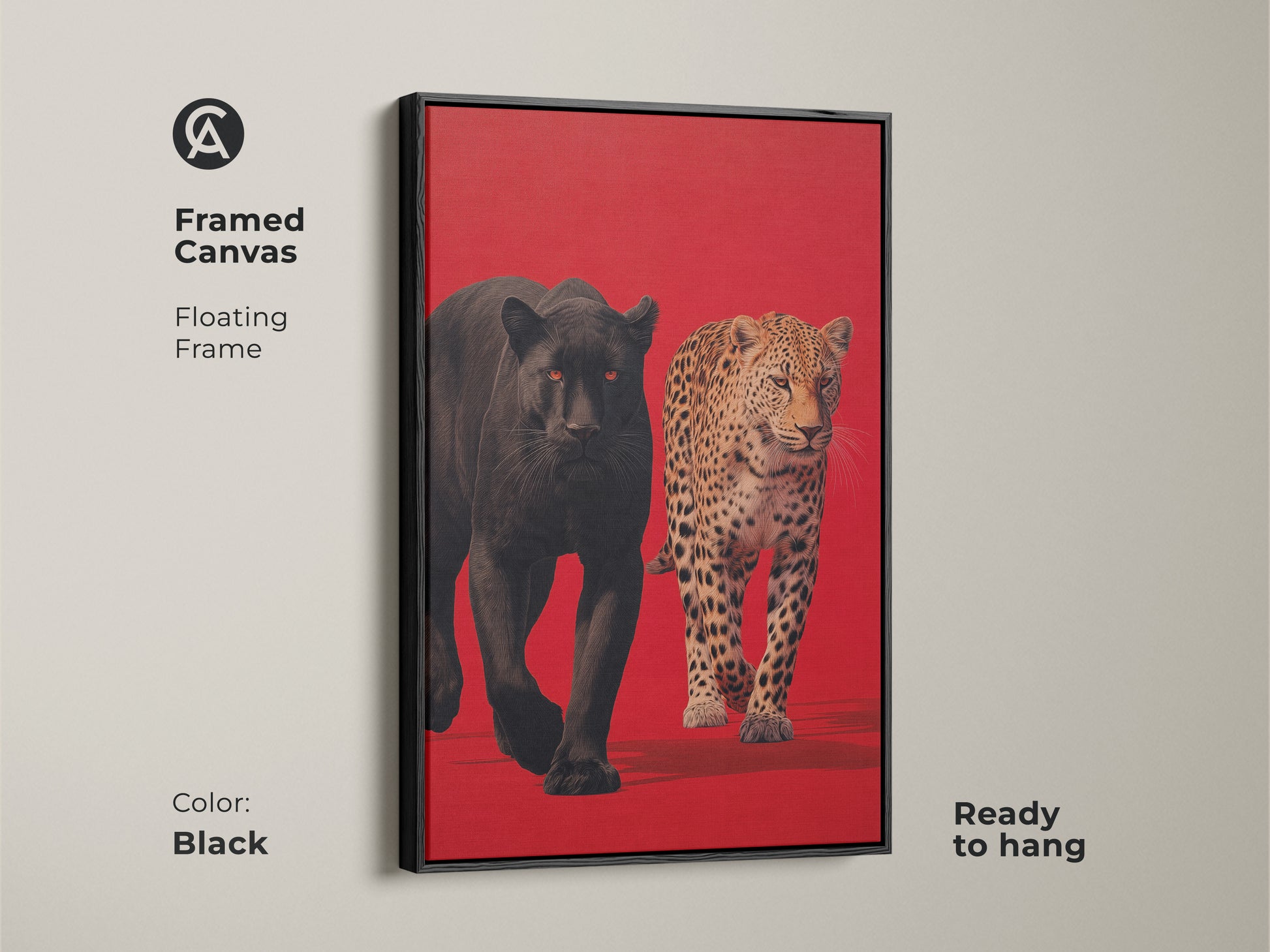 Framed canvas featuring a black panther and leopard with a black floating frame. This ready-to-hang canvas art adds sophistication to any room. Discover our exclusive collection of animal artwork for sale online