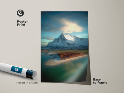Coastal Village snowy mountain poster art print. This scenic nature artwork is easy to frame. Rolled in a tube it is a perfect gift for travel lovers. The photorealistic mountain art is a contemporary touch.