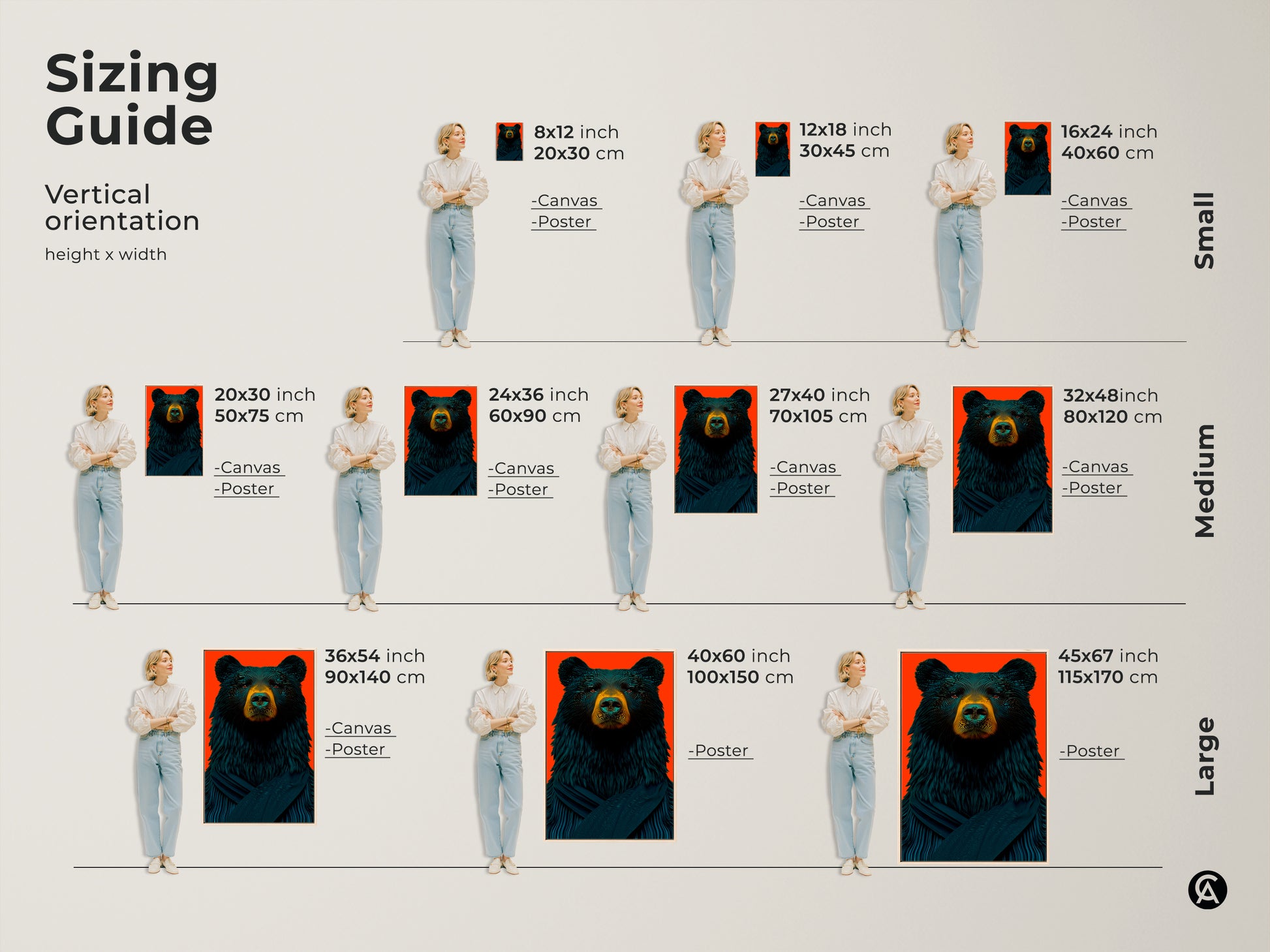 Sizing guide showcasing the black bear canvas. Visualize how different sizes fit your space. Available in small medium and large this animal art matches any room decor needs.