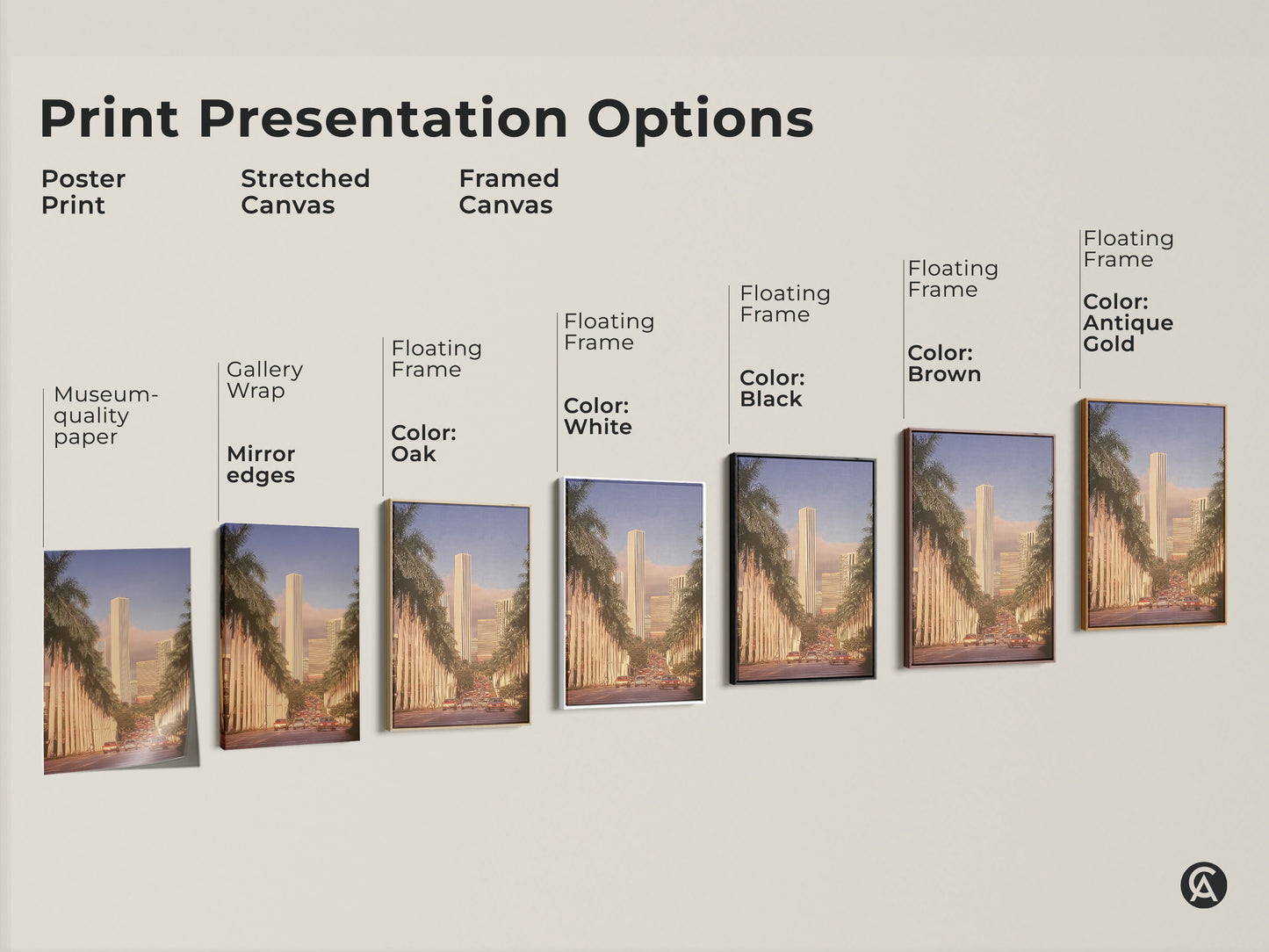 Explore print presentation options for retro cityscape art including poster stretched and framed canvas. Each piece captures a golden hour urban scene with skyscrapers and palm trees. Select from museum-quality paper gallery wrap or floating frames in various colors.