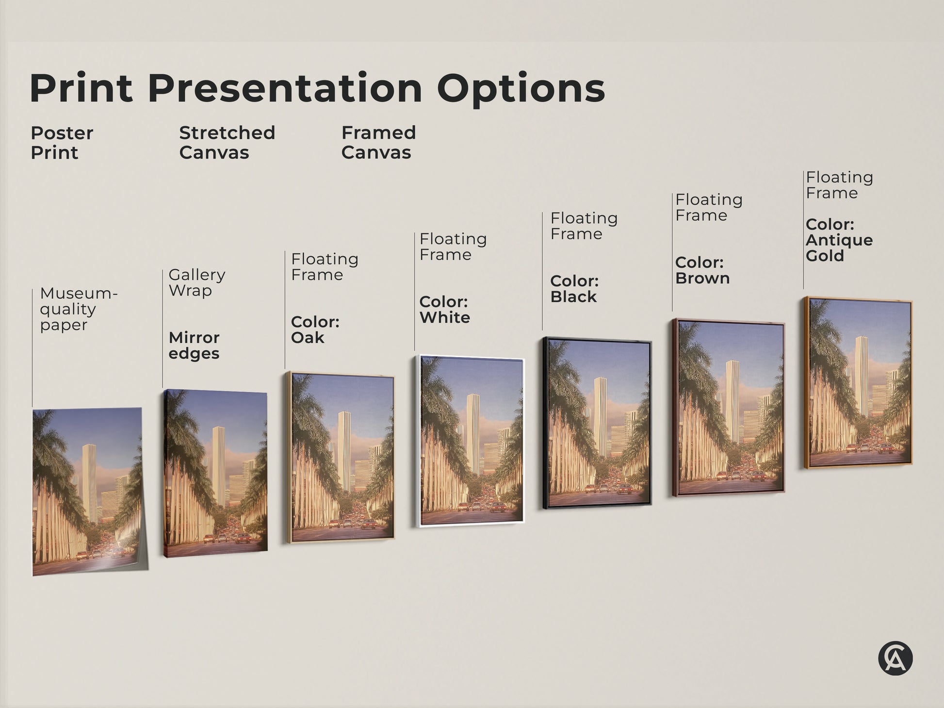 Explore print presentation options for retro cityscape art including poster stretched and framed canvas. Each piece captures a golden hour urban scene with skyscrapers and palm trees. Select from museum-quality paper gallery wrap or floating frames in various colors.