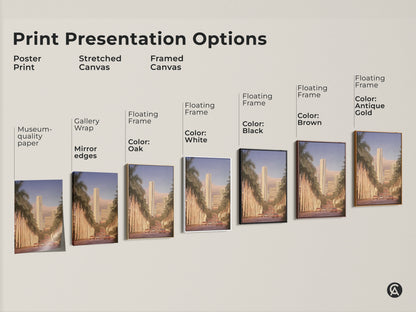 Explore print presentation options for retro cityscape art including poster stretched and framed canvas. Each piece captures a golden hour urban scene with skyscrapers and palm trees. Select from museum-quality paper gallery wrap or floating frames in various colors.