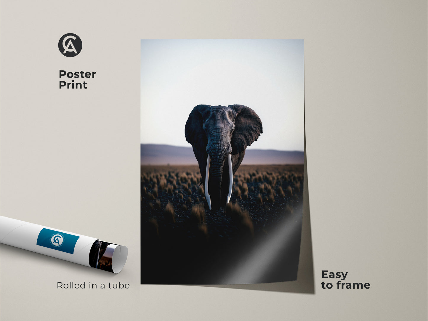 Poster print of an elephant in a savanna landscape. This dark gray animal print is easy to frame. Ideal for modern home decor or as nature inspired wall art. Rolled in a tube for protection.
